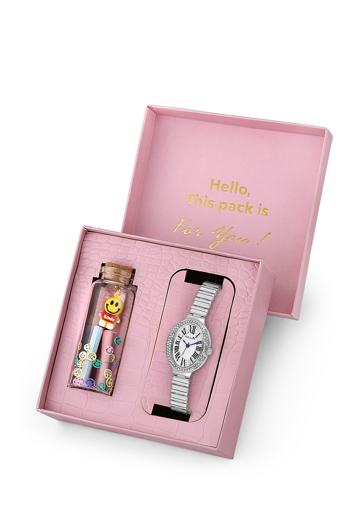 Romen Rakamlı Kadın Kol Saati Ve Smile Figürlü Özel Notlu Cam Dilek Şişe Gümüş Renk St-2186S2 Gümüş St-2186S2