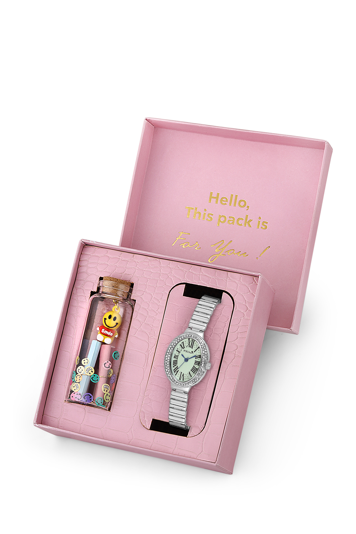 Romen Rakamlı Kadın Kol Saati Ve Smile Figürlü Özel Notlu Cam Dilek Şişe Gümüş Yeşil Renk St-2186S4 Yeşil St-2186S4