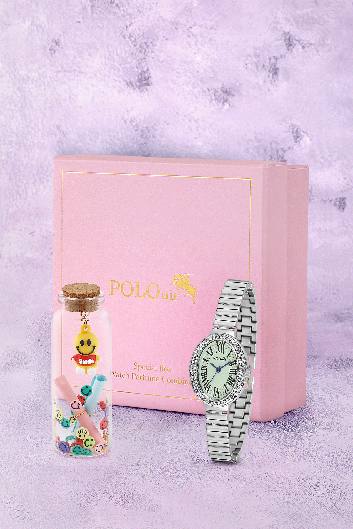 Romen Rakamlı Kadın Kol Saati Ve Smile Figürlü Özel Notlu Cam Dilek Şişe Gümüş Yeşil Renk St-2186S4 Yeşil St-2186S4