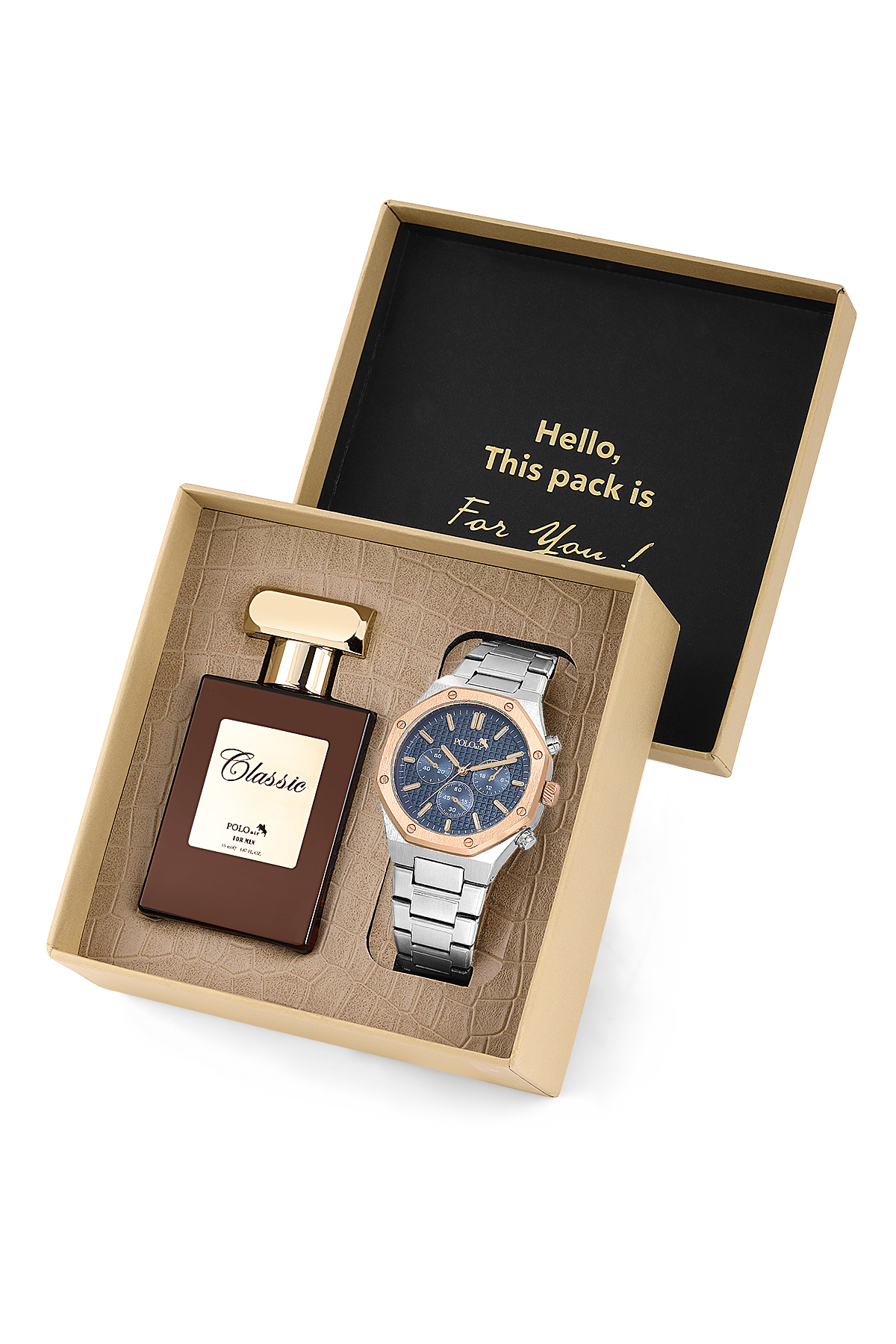 Sekizgen Kasa Erkek Kol Saati Ve Parfüm Hediyelik Kutusunda Set Gümüş Lacivert Bakır Renk St-5003E5 Çok Renkli St-5003E5