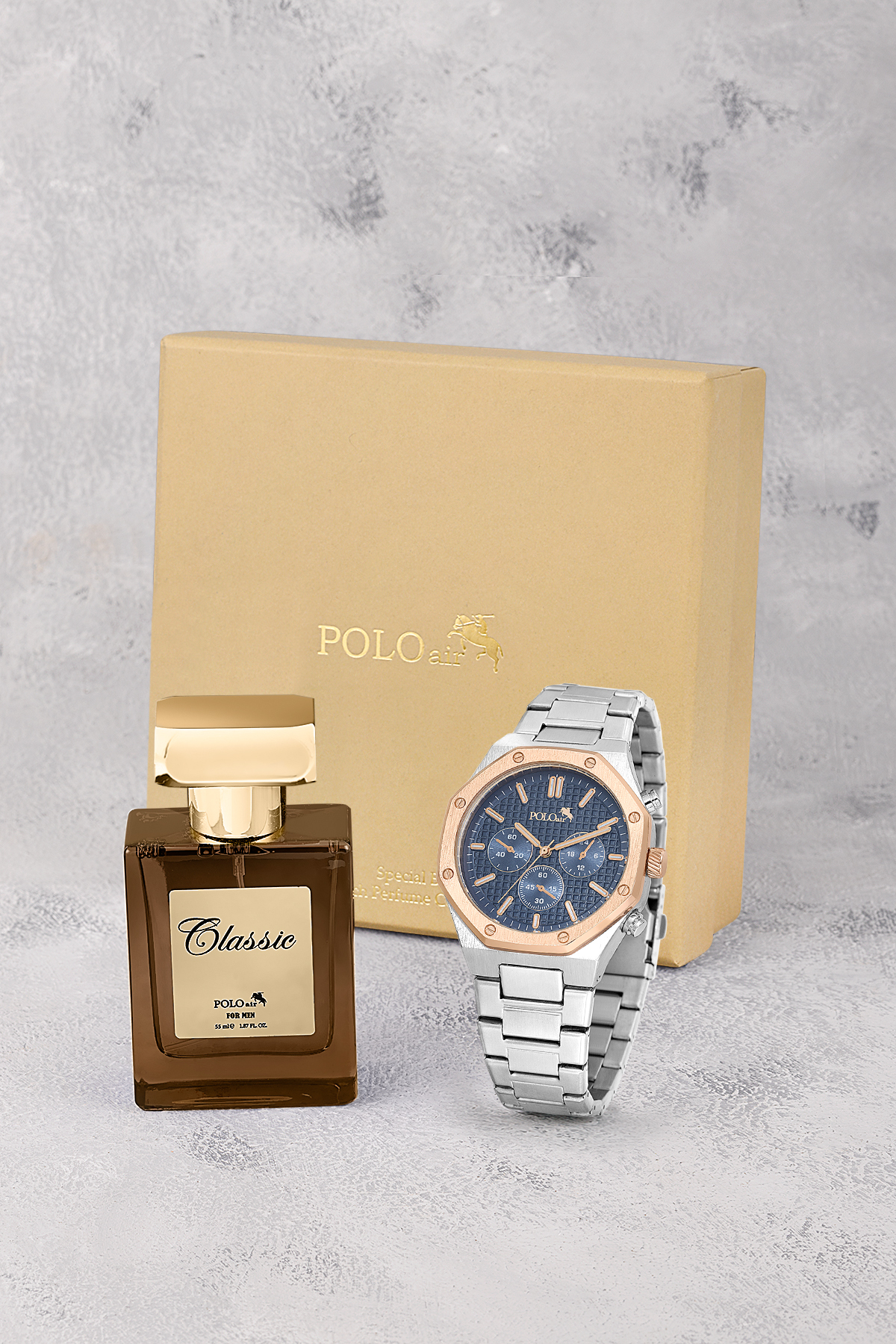 Sekizgen Kasa Erkek Kol Saati Ve Parfüm Hediyelik Kutusunda Set Gümüş Lacivert Bakır Renk St-5003E5 Çok Renkli St-5003E5