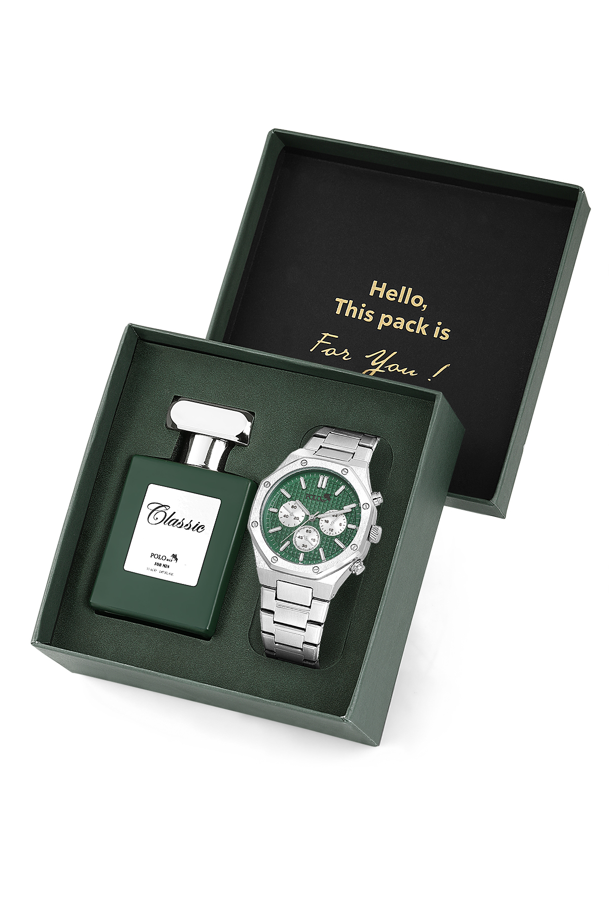 Sekizgen Kasa Erkek Kol Saati Ve Parfüm Hediyelik Kutusunda Set Gümüş Yeşil Renk St-5003E3 Yeşil-Gümüş St-5003E3