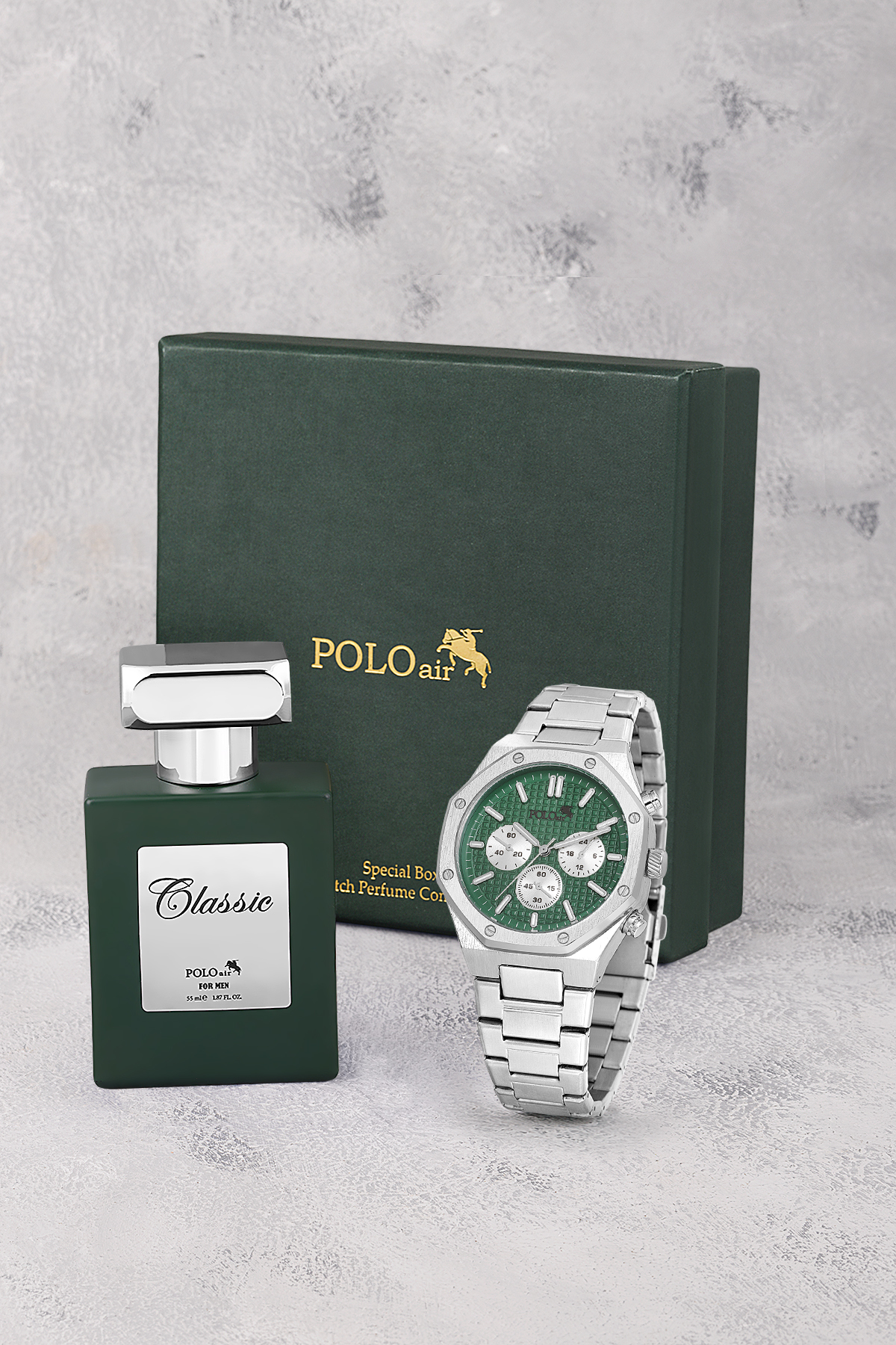 Sekizgen Kasa Erkek Kol Saati Ve Parfüm Hediyelik Kutusunda Set Gümüş Yeşil Renk St-5003E3 Yeşil-Gümüş St-5003E3