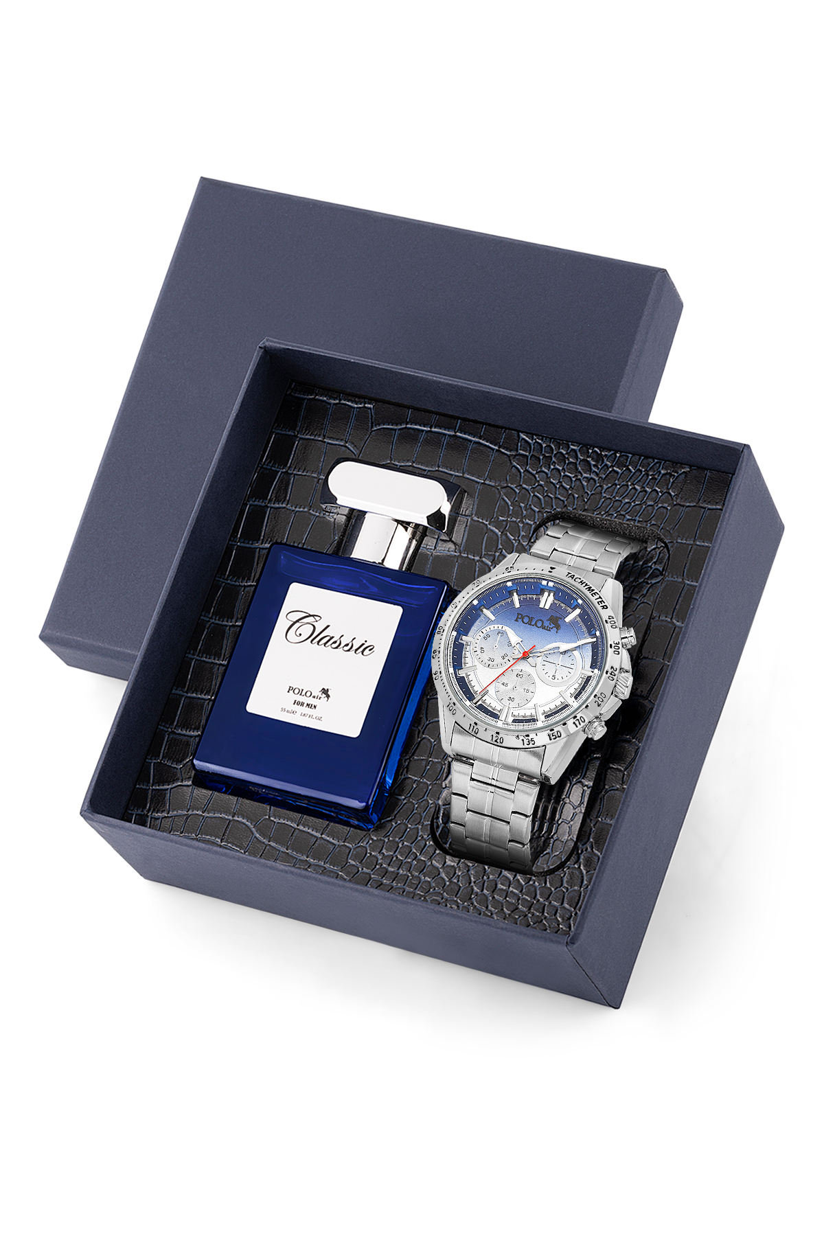 Spor Erkek Kol Saati Ve 55Ml Parfüm Hediyelik Kutusunda Set Gümüş Lacivert Renk St-5010E2 Lacivert St-5010E2
