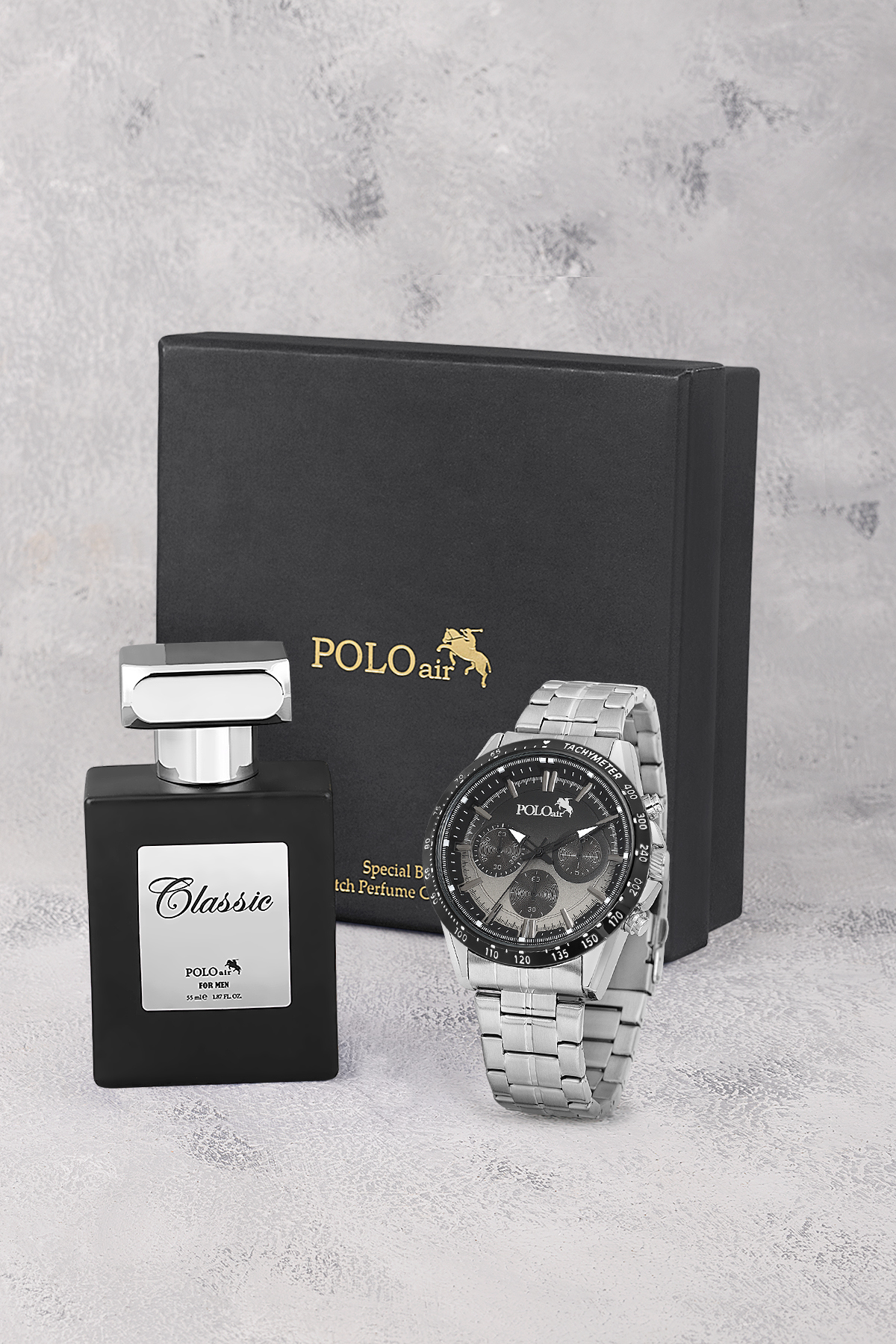 Spor Erkek Kol Saati Ve 55Ml Parfüm Hediyelik Kutusunda Set Gümüş Siyah Renk St-5010E5 Siyah St-5010E5