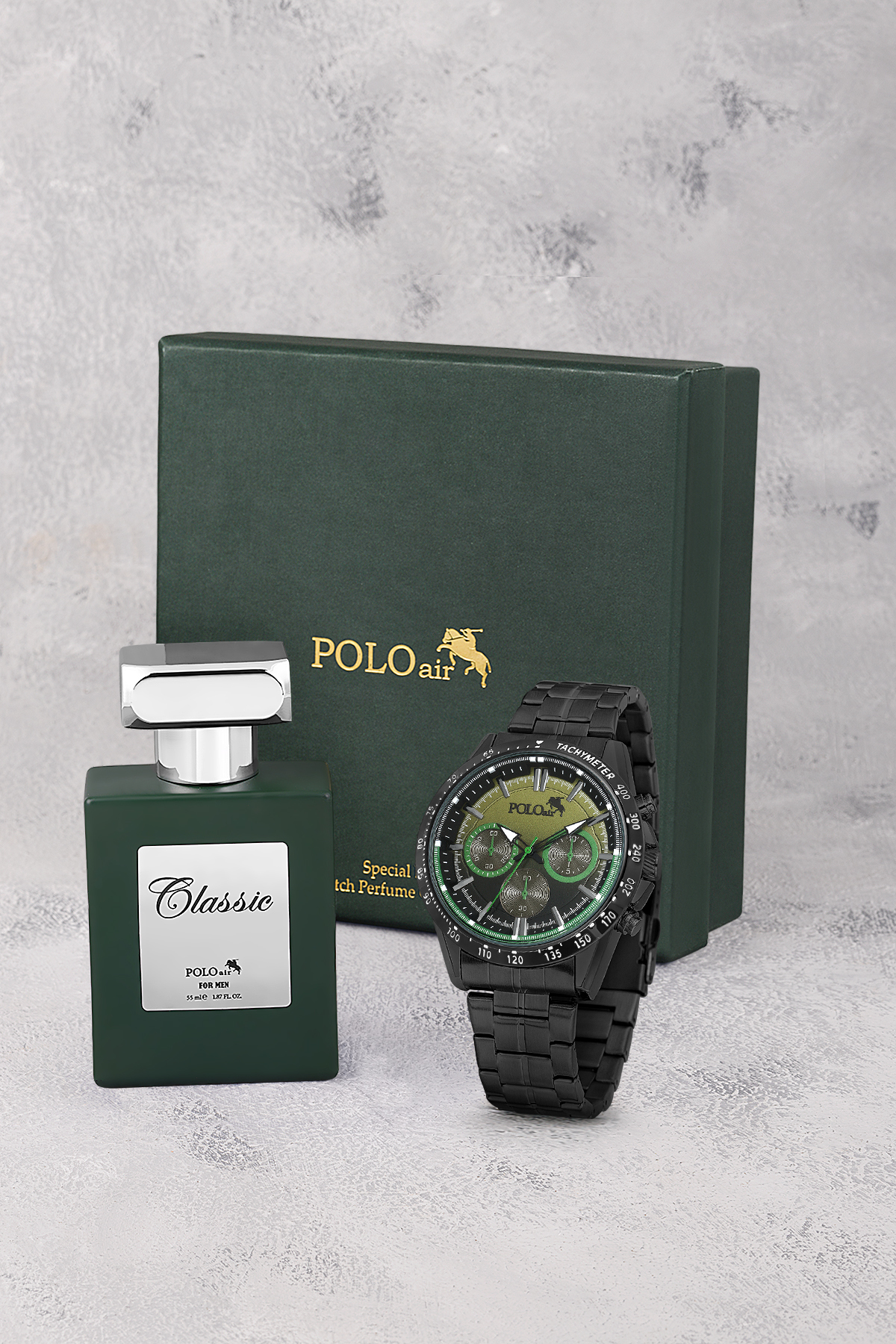 Spor Erkek Kol Saati Ve 55Ml Parfüm Hediyelik Kutusunda Set Siyah Yeşil Renk St-5010E3 Yeşil St-5010E3