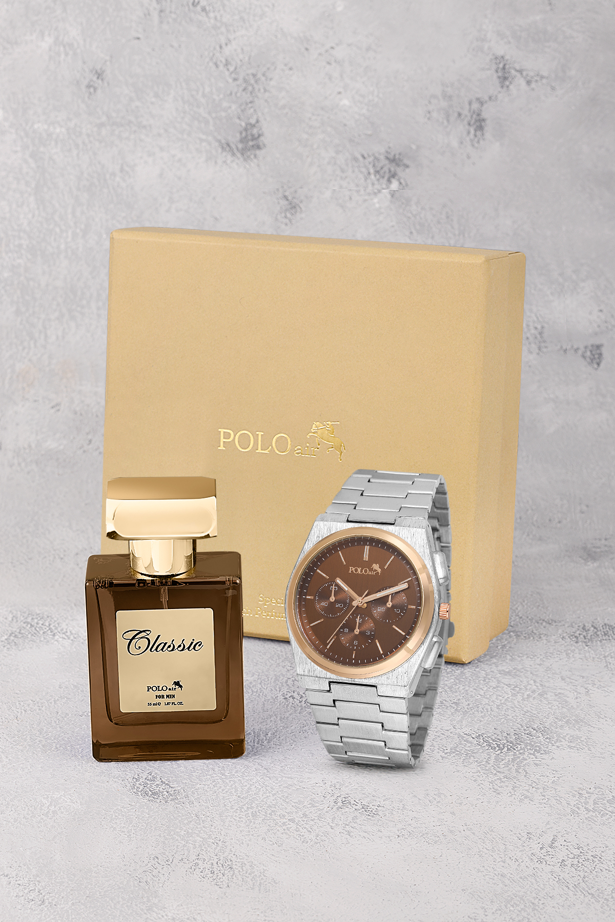 Spor Erkek Kol Saati Ve Parfüm Hediyelik Kutusunda Set Gümüş Kahve Bakır Renk St-5002E4 Çok Renkli St-5002E4