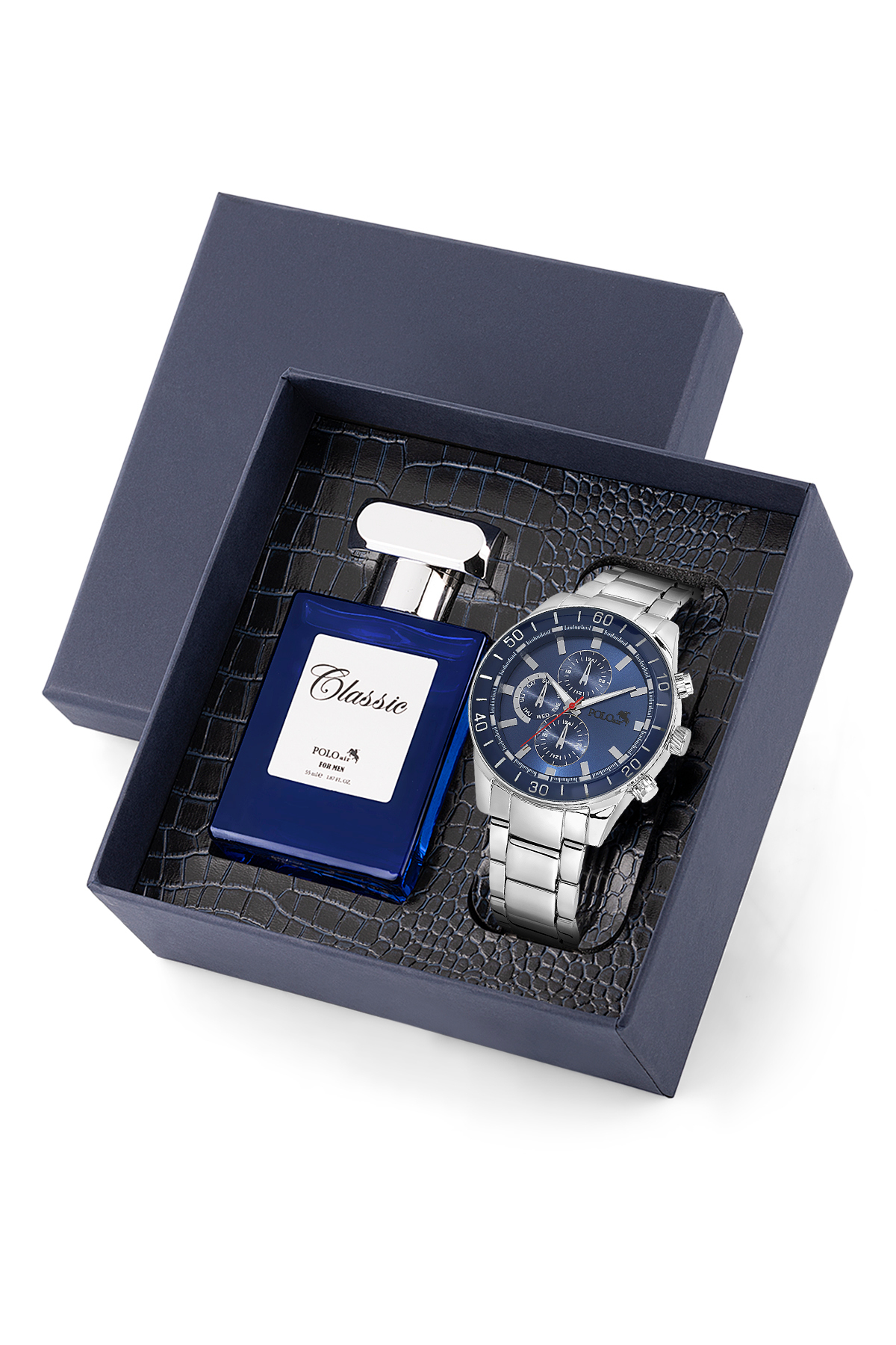 Spor Erkek Kol Saati Ve Parfüm Hediyelik Kutusunda Set Gümüş Lacivert Renk St-5004E2 Lacivert St-5004E2