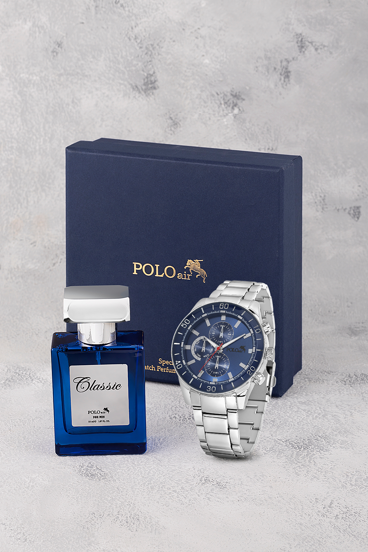 Spor Erkek Kol Saati Ve Parfüm Hediyelik Kutusunda Set Gümüş Lacivert Renk St-5004E2 Lacivert St-5004E2