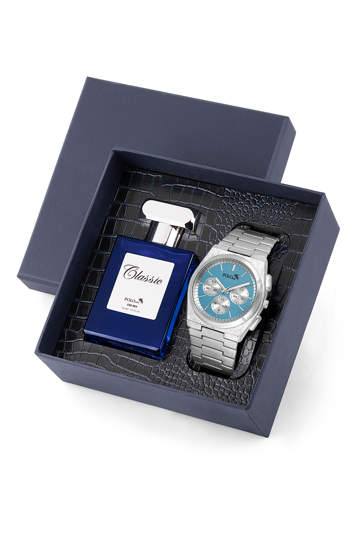 Spor Erkek Kol Saati Ve Parfüm Hediyelik Kutusunda Set Gümüş Mavi Renk St-5002E2 Mavi St-5002E2