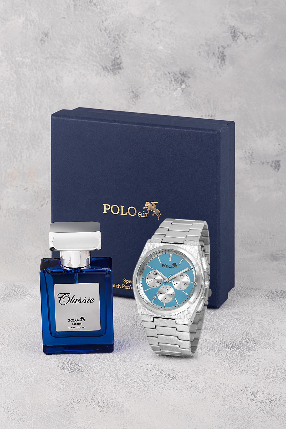 Spor Erkek Kol Saati Ve Parfüm Hediyelik Kutusunda Set Gümüş Mavi Renk St-5002E2 Mavi St-5002E2