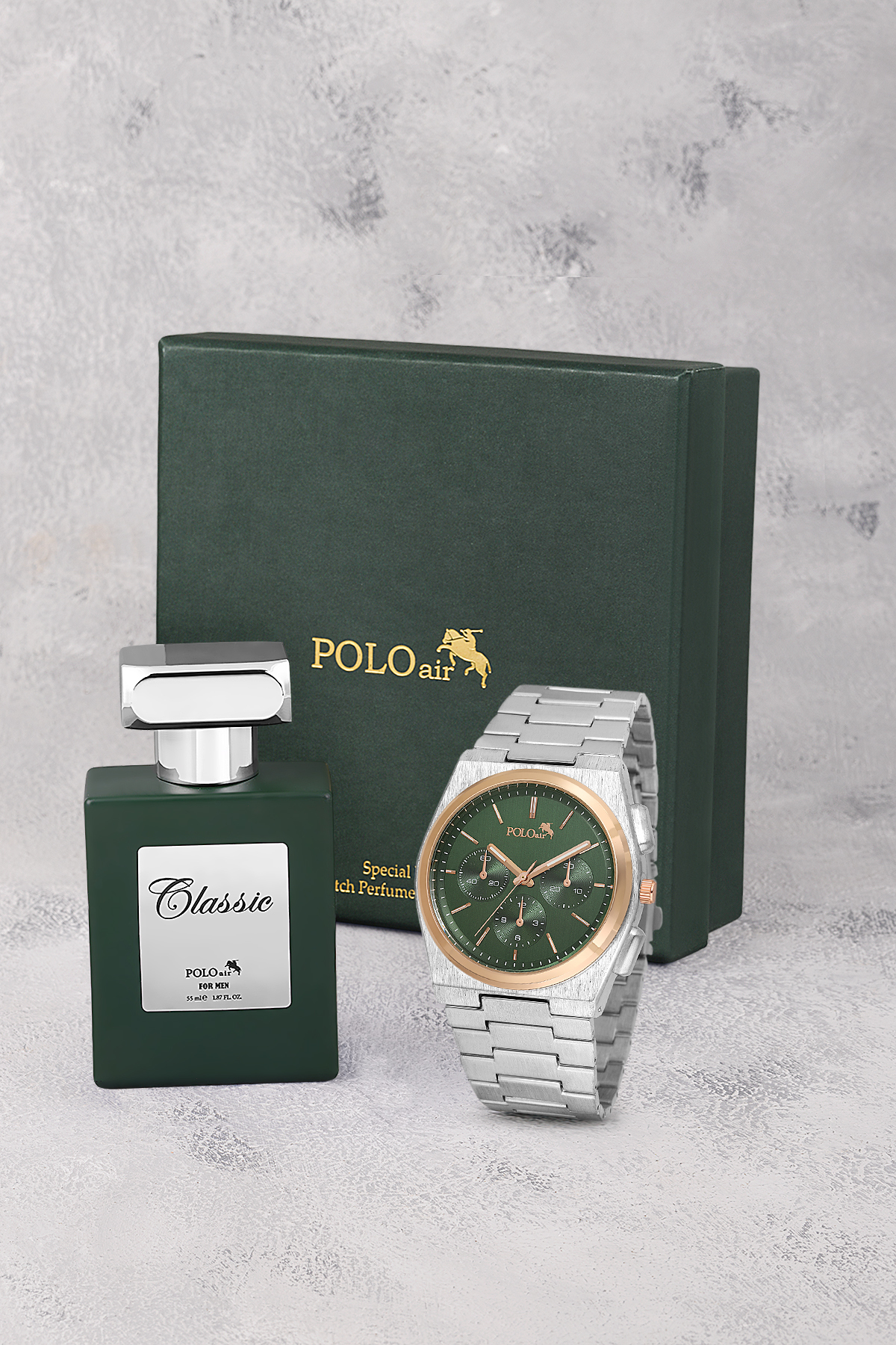 Spor Erkek Kol Saati Ve Parfüm Hediyelik Kutusunda Set Gümüş Yeşil Bakır Renk St-5002E5 Yeşil St-5002E5