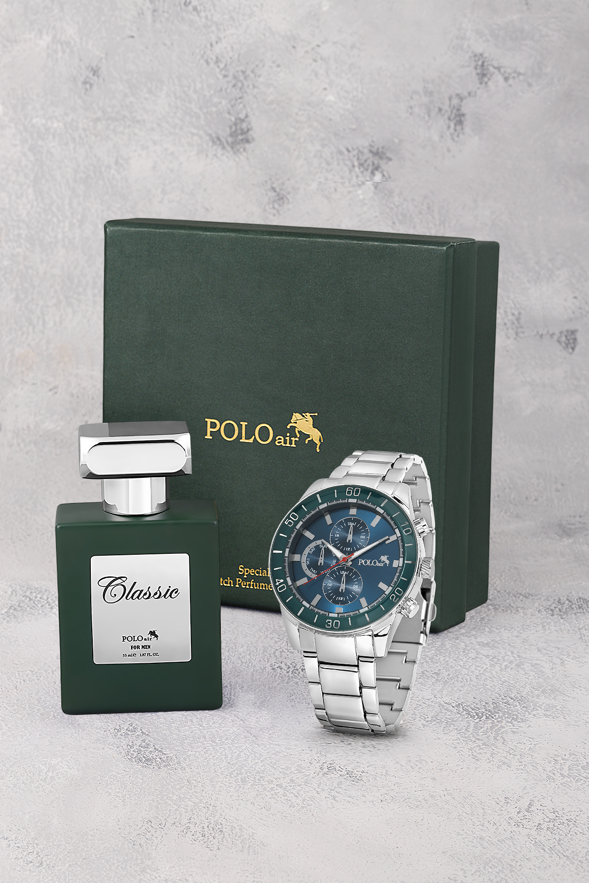 Spor Erkek Kol Saati Ve Parfüm Hediyelik Kutusunda Set Gümüş Yeşil Renk St-5004E3 Yeşil St-5004E3