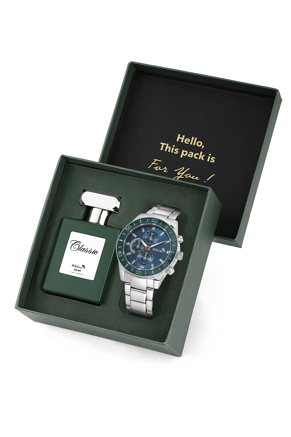 Spor Erkek Kol Saati Ve Parfüm Hediyelik Kutusunda Set Gümüş Yeşil Renk St-5004E3 Yeşil St-5004E3