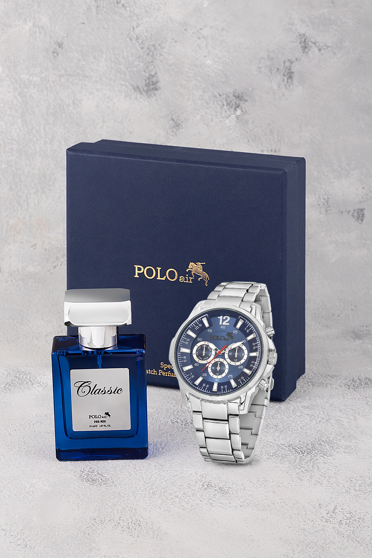 Spor Kasa Erkek Kol Saati Ve Parfüm Hediyelik Kutusunda Set Gümüş Lacivert Renk St-5006E2 Lacivert St-5006E2