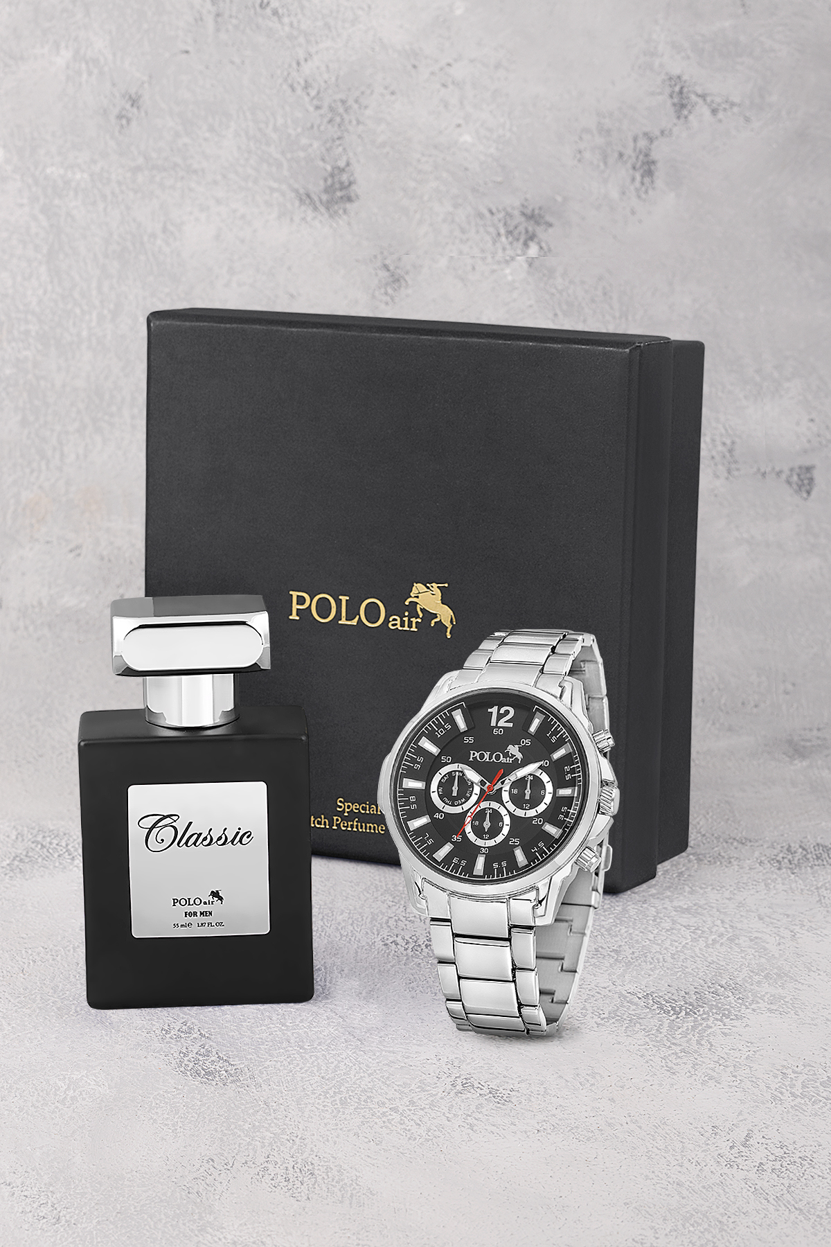 Spor Kasa Erkek Kol Saati Ve Parfüm Hediyelik Kutusunda Set Gümüş Siyah Renk St-5006E5 Siyah St-5006E5