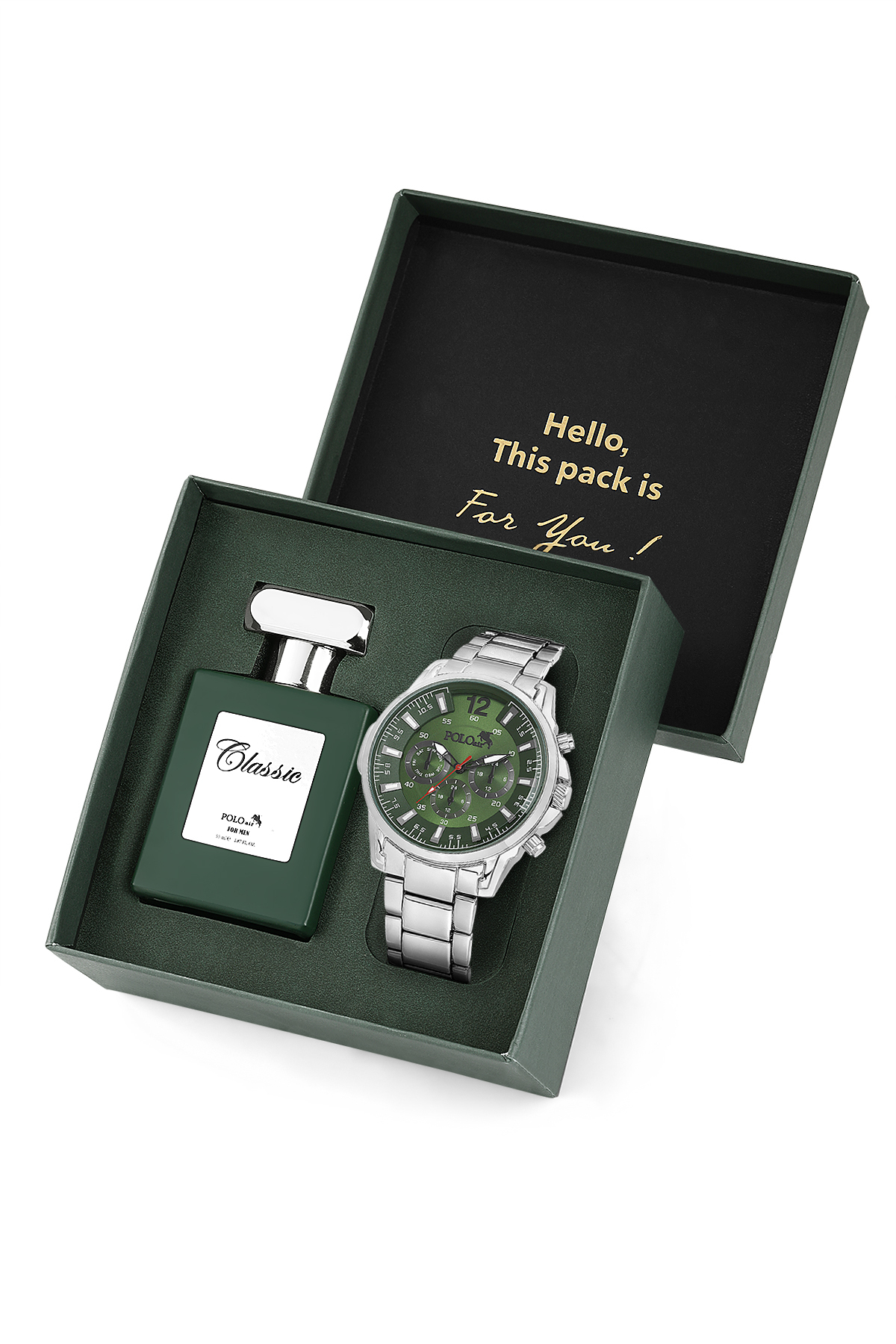 Spor Kasa Erkek Kol Saati Ve Parfüm Hediyelik Kutusunda Set Gümüş Yeşil Renk St-5006E3 Yeşil St-5006E3