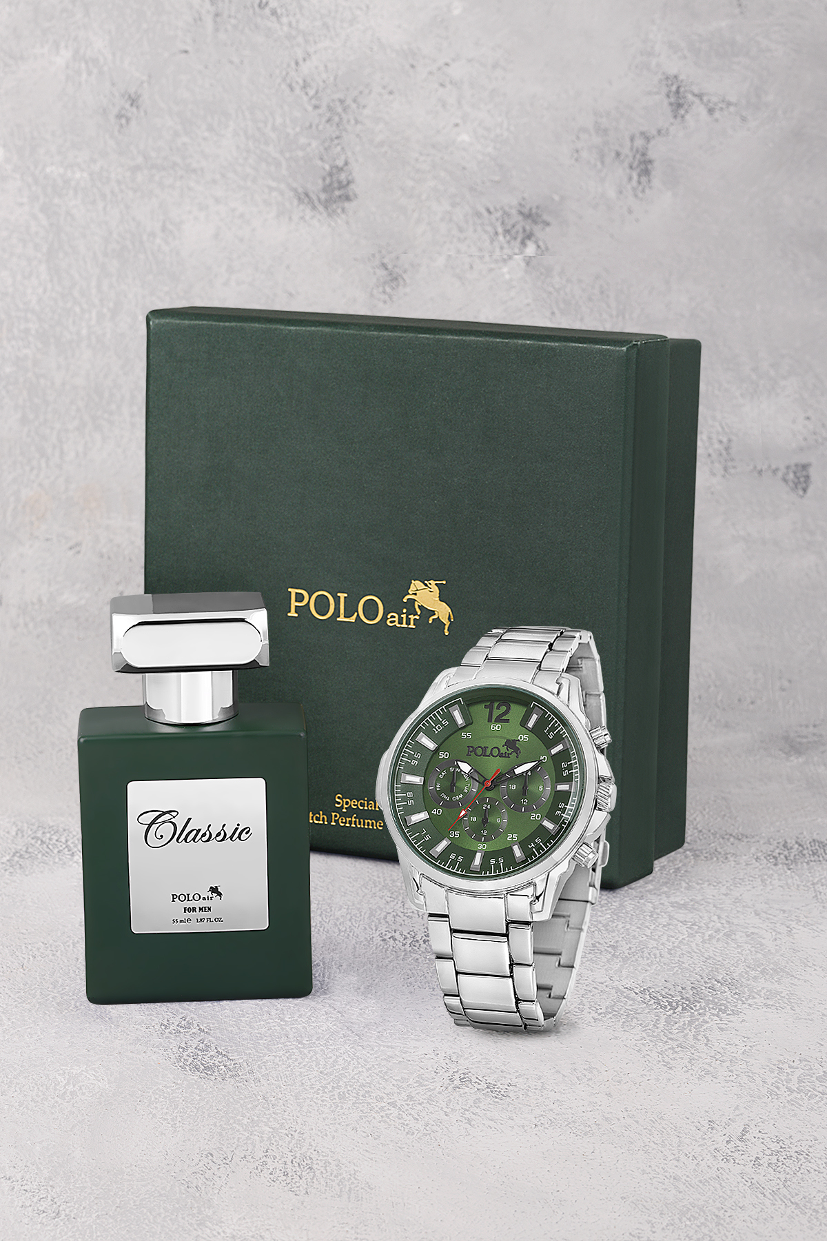 Spor Kasa Erkek Kol Saati Ve Parfüm Hediyelik Kutusunda Set Gümüş Yeşil Renk St-5006E3 Yeşil St-5006E3