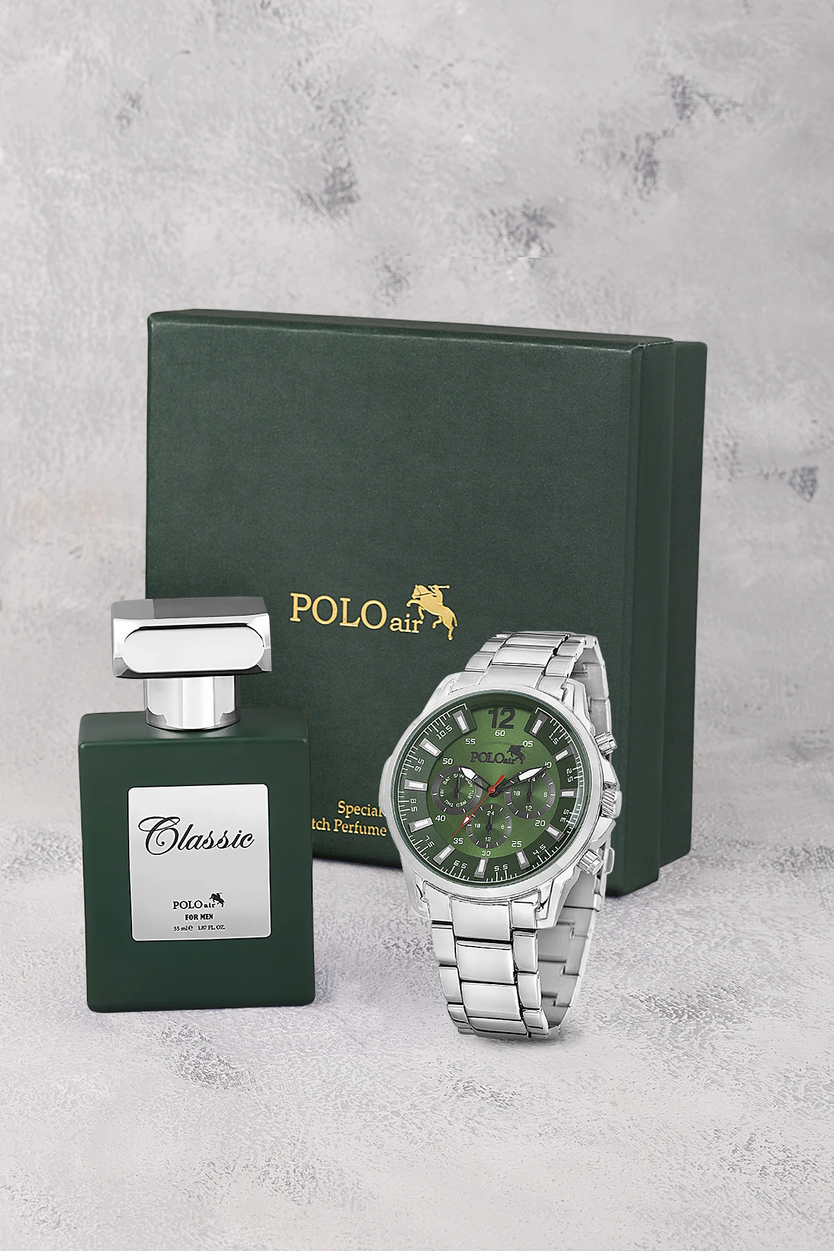 Spor Kasa Erkek Kol Saati Ve Parfüm Hediyelik Kutusunda Set Gümüş Yeşil Renk St-5006E3 Yeşil St-5006E3
