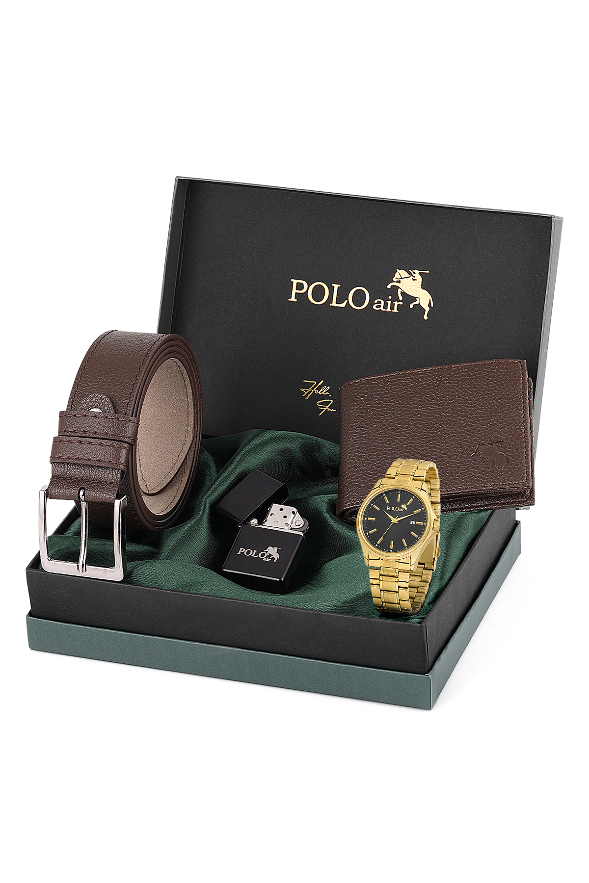 Takvimli Erkek Kol Saati Cüzdan Kemer Çakmak Hediyelik Kutusunda Kahverengi Set Pl-7040E4 Kahverengi Pl-7040E4