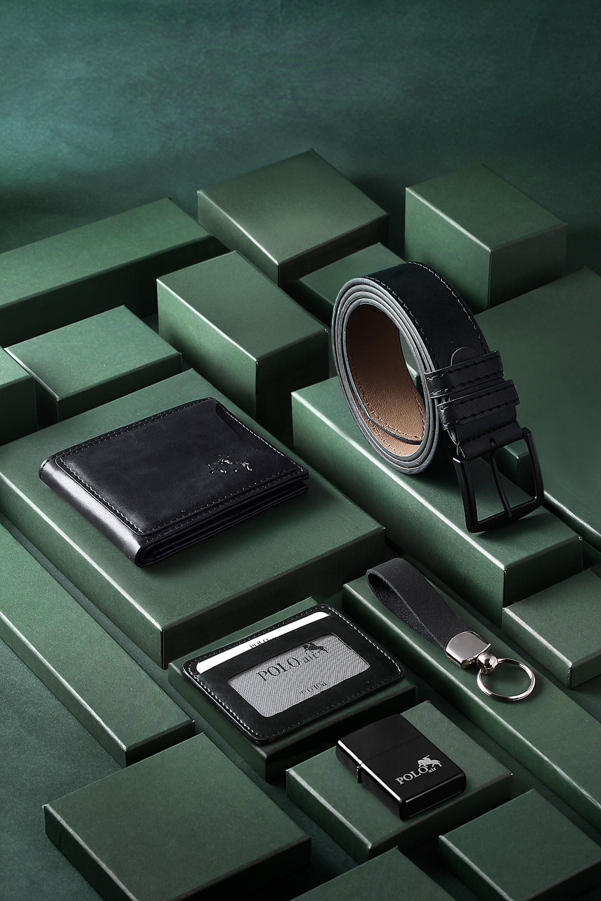 Takvimli Erkek Kol Saati Cüzdan Kemer Kartlık Anahtarlık Çakmak Kombin Set Siyah Renk Pl-7039E1 Siyah Pl-7039E1