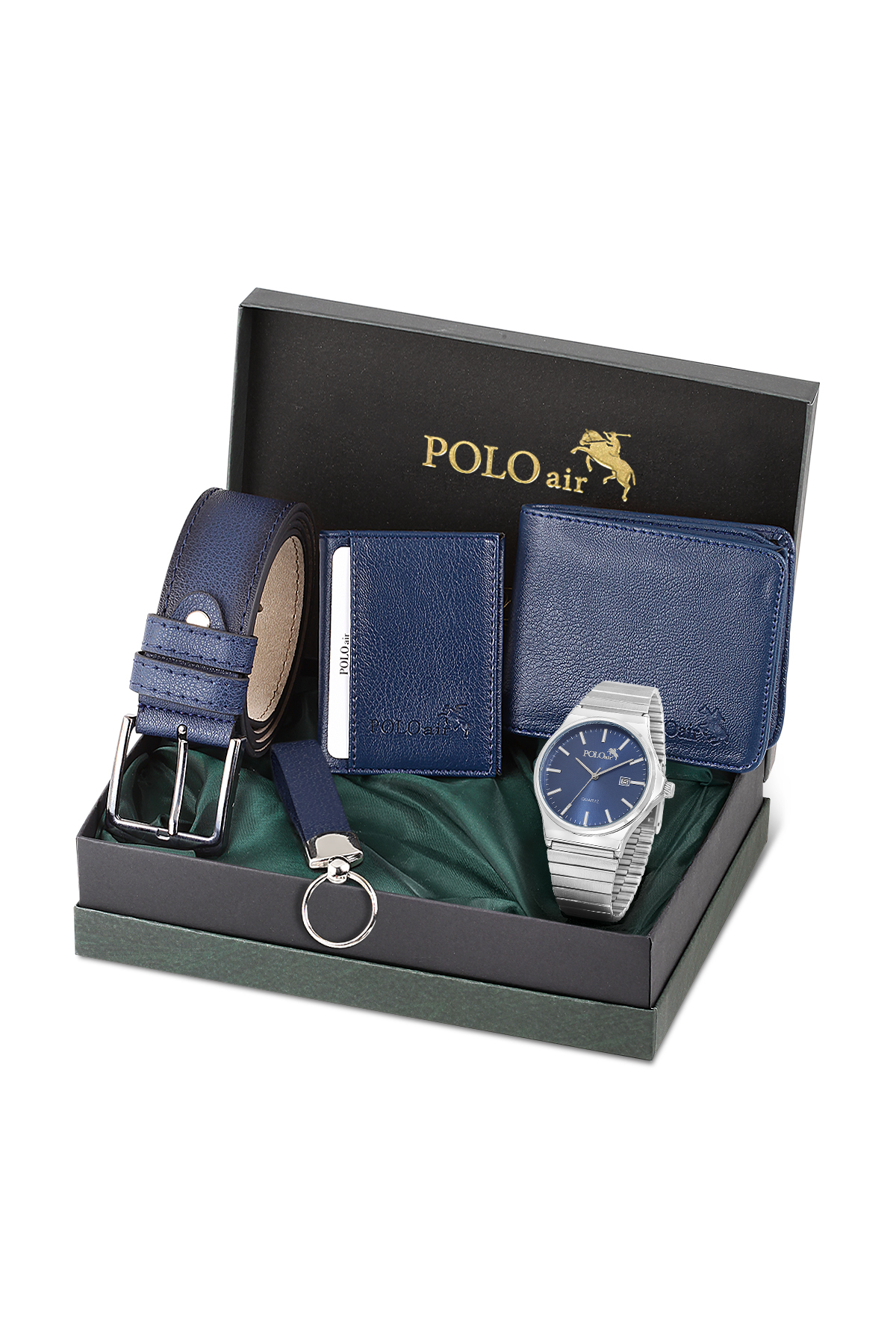 Takvimli Erkek Kol Saati Cüzdan Kemer Kartlık Anahtarlık Hediyelik Kutusunda Lacivert Set Pl-7041E2 Lacivert Pl-7041E2