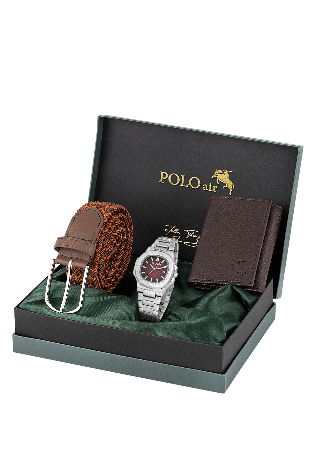 Takvimli Erkek Kol Saati Esnek Kemer Mıknatıslı Cüzdan Kahverengi Set Gümüş Bordo Renk Pl-7066E4 Bordo Pl-7066E4