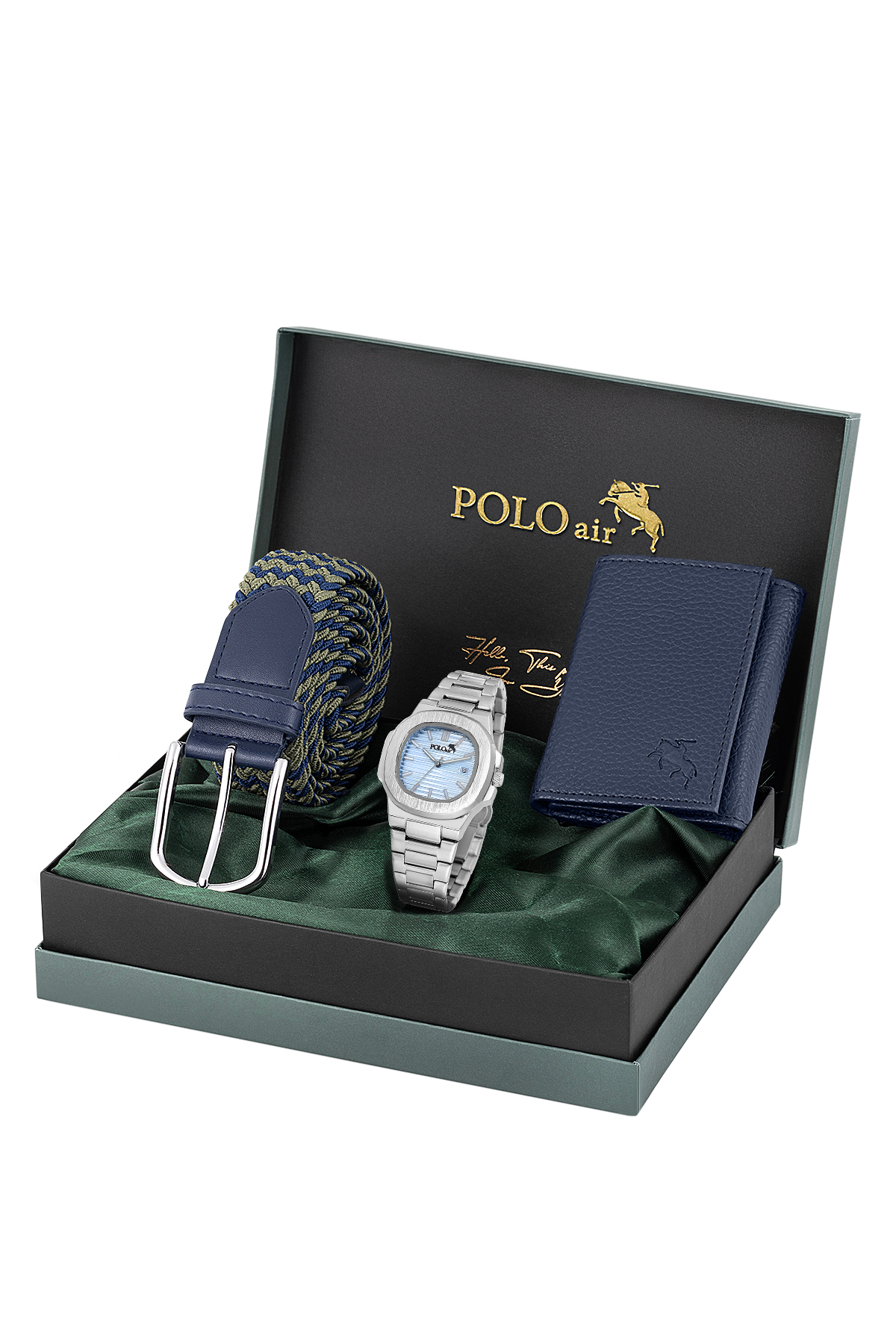 Takvimli Erkek Kol Saati Örgü Esnek Kemer Mıknatıslı Cüzdan Seti Gümüş Mavi Renk Pl-7066E2 Mavi Pl-7066E2