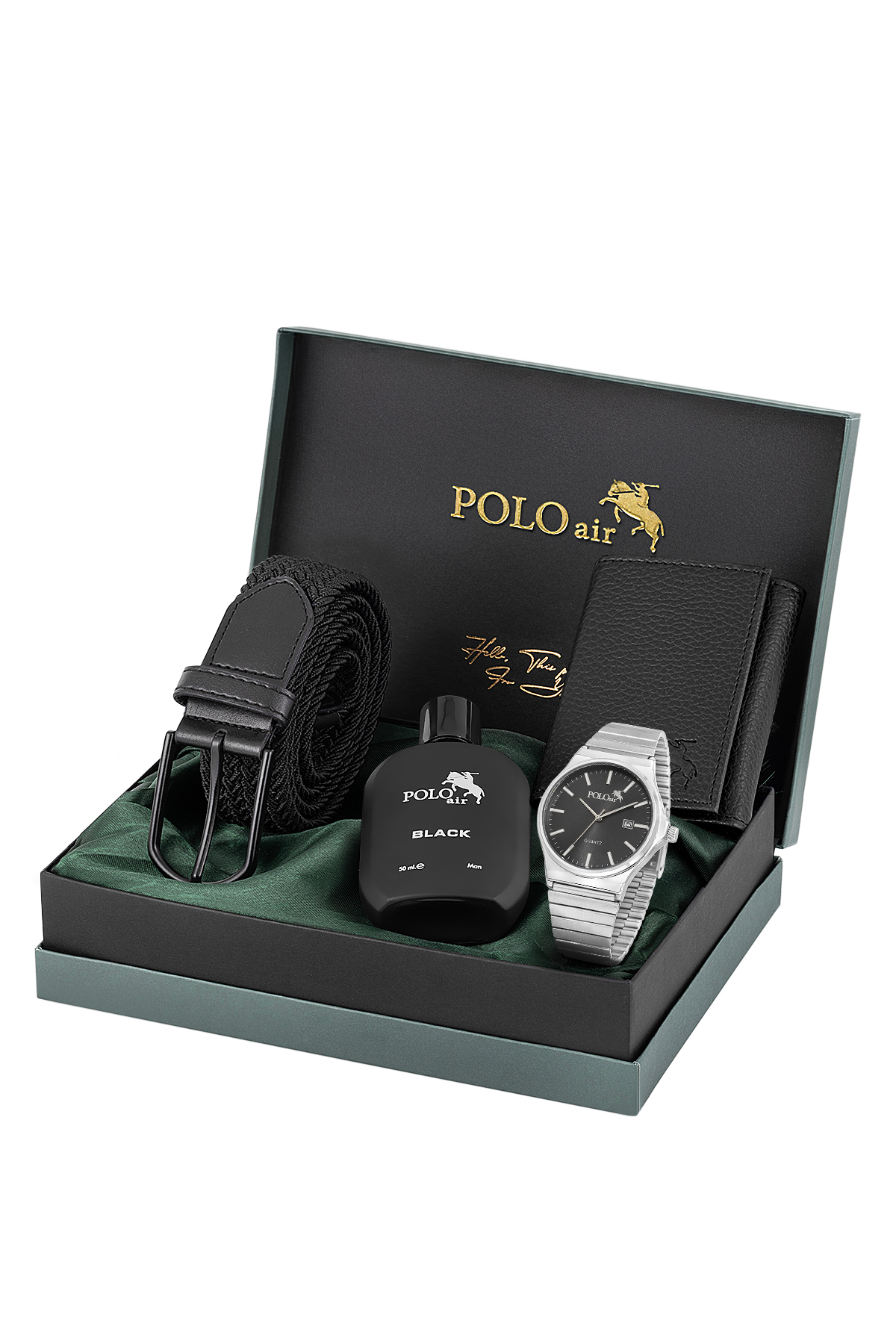 Takvimli Erkek Kol Saati Örgü Esnek Kemer Mıknatıslı Cüzdan Seti Gümüş Siyah Renk Pl-7065E5 Siyah Pl-7065E5