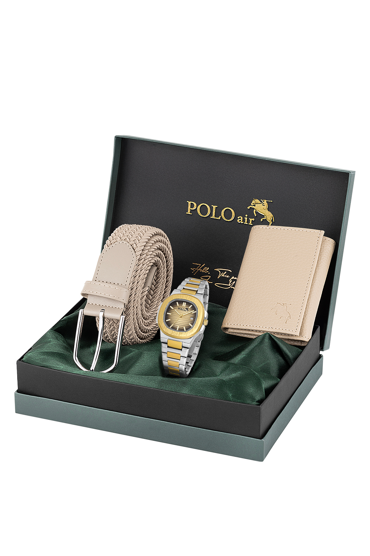 Takvimli Erkek Kol Saati Örgü Esnek Kemer Mıknatıslı Cüzdan Vizon Set Gold Gümüş Renk Pl-7066E3 Çok Renkli Pl-7066E3