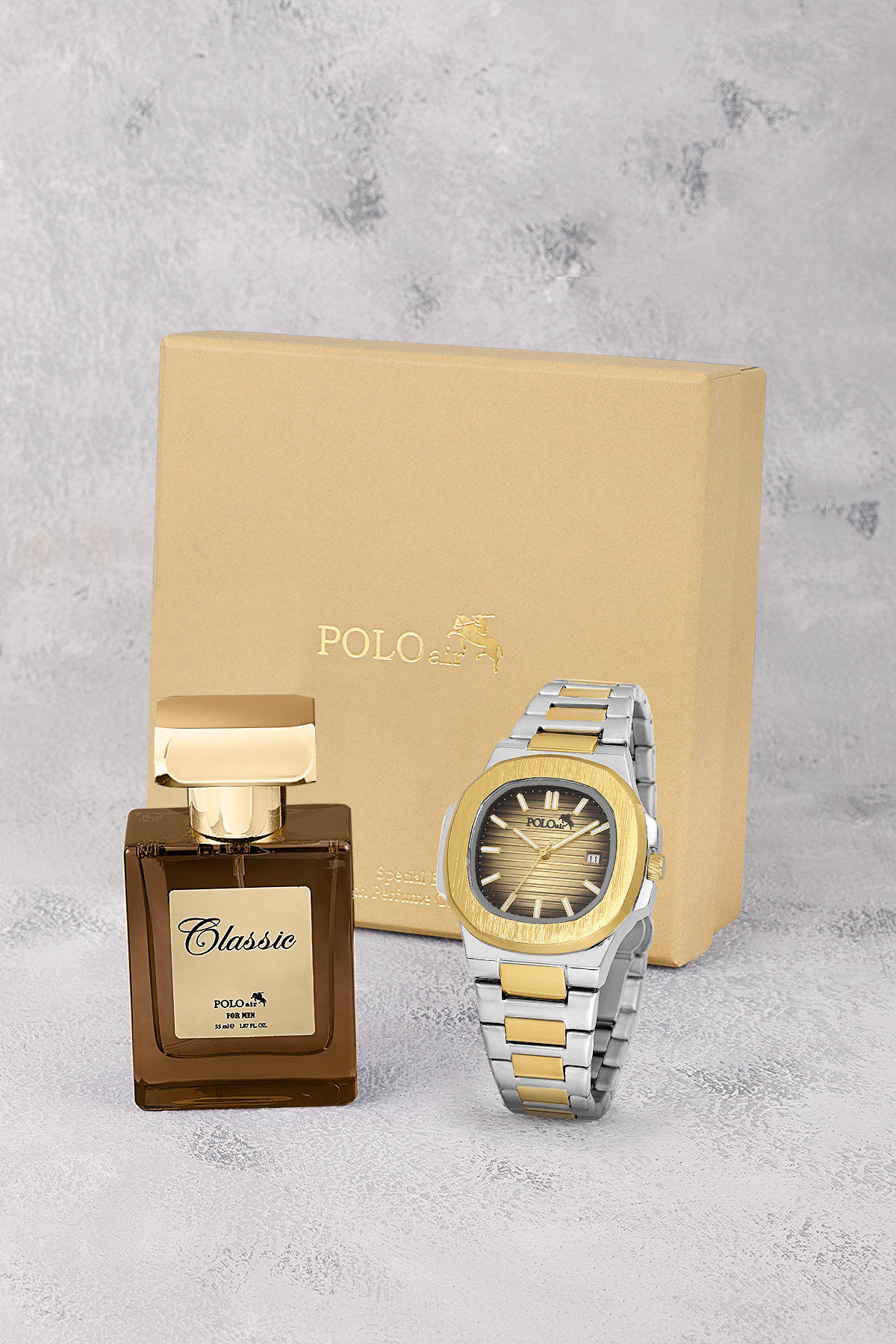 Takvimli Erkek Kol Saati Ve 55Ml Parfüm Hediyelik Kutusunda Set Gold Gümüş Renk St-5009E7 Altın St-5009E7