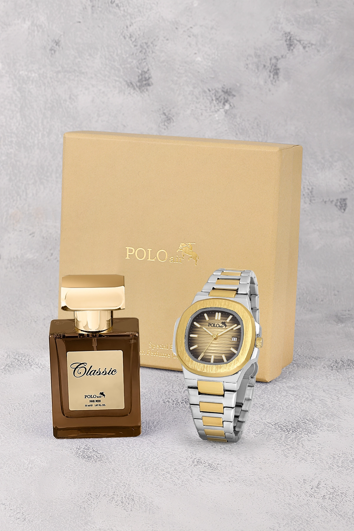 Takvimli Erkek Kol Saati Ve 55Ml Parfüm Hediyelik Kutusunda Set Gold Gümüş Renk St-5009E7 Altın St-5009E7