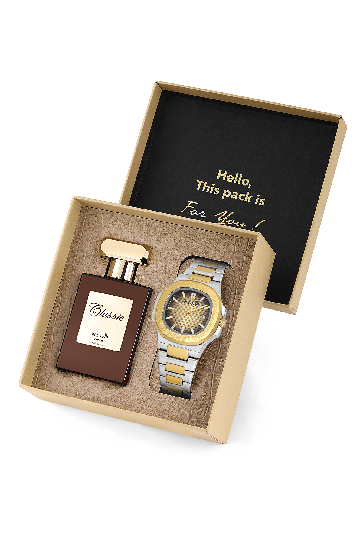 Takvimli Erkek Kol Saati Ve 55Ml Parfüm Hediyelik Kutusunda Set Gold Gümüş Renk St-5009E7 Altın St-5009E7