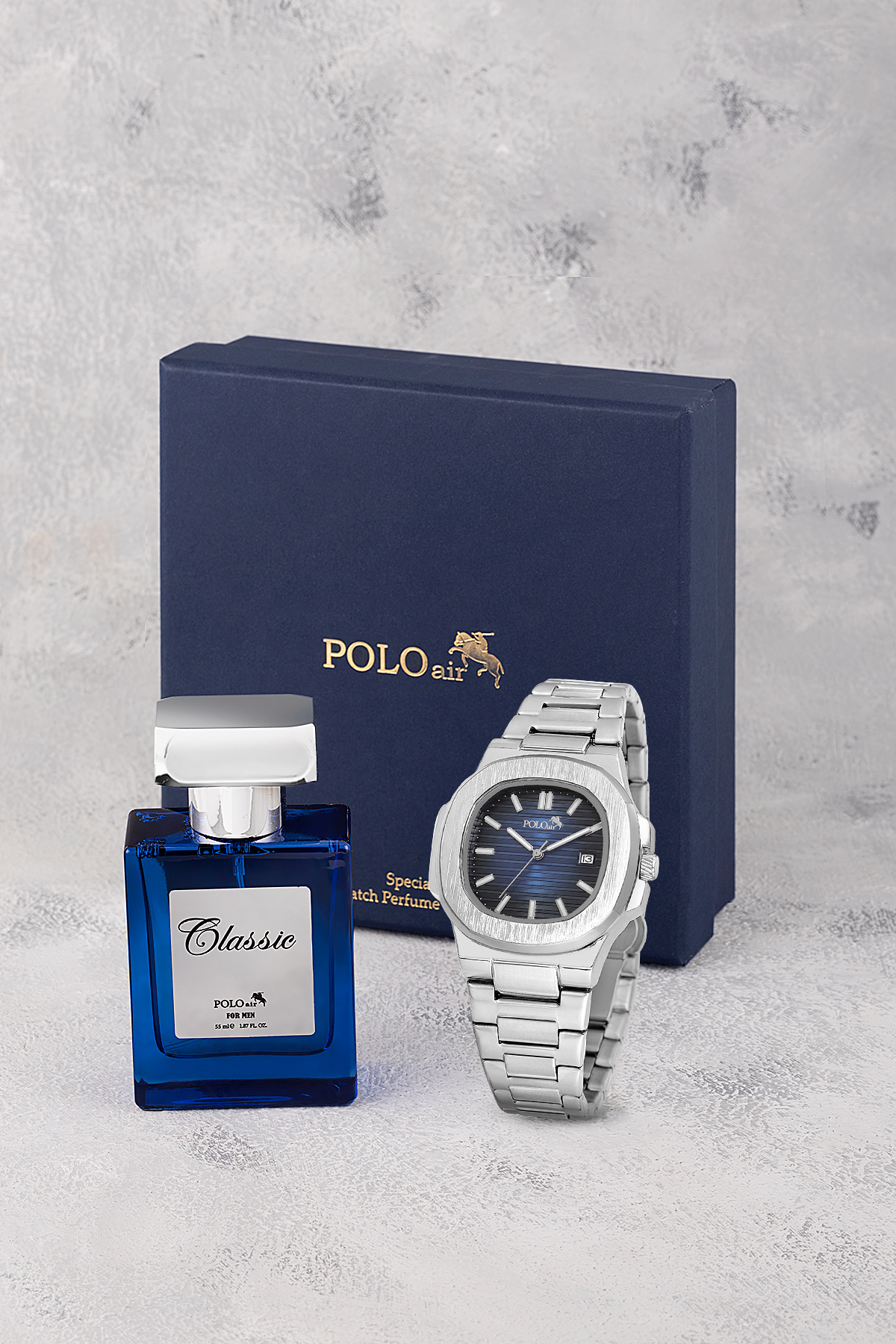 Takvimli Erkek Kol Saati Ve 55Ml Parfüm Hediyelik Kutusunda Set Gümüş Lacivert Renk St-5009E2 Lacivert St-5009E2