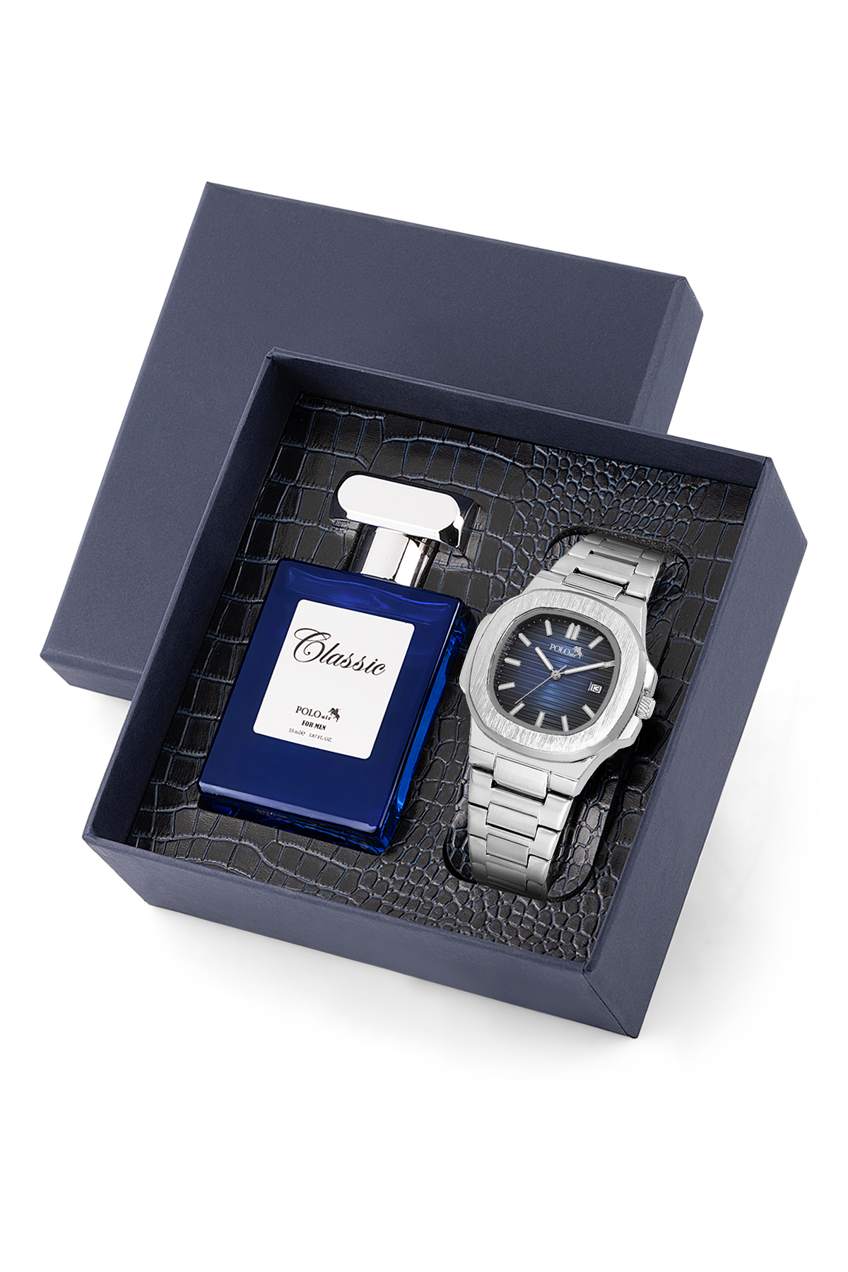 Takvimli Erkek Kol Saati Ve 55Ml Parfüm Hediyelik Kutusunda Set Gümüş Lacivert Renk St-5009E2 Lacivert St-5009E2