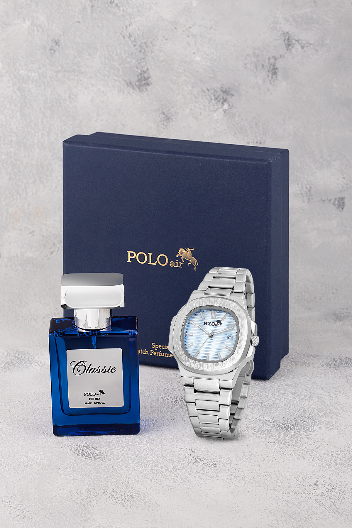 Takvimli Erkek Kol Saati Ve 55Ml Parfüm Hediyelik Kutusunda Set Gümüş Mavi Renk St-5009E6 Mavi-Gümüş St-5009E6