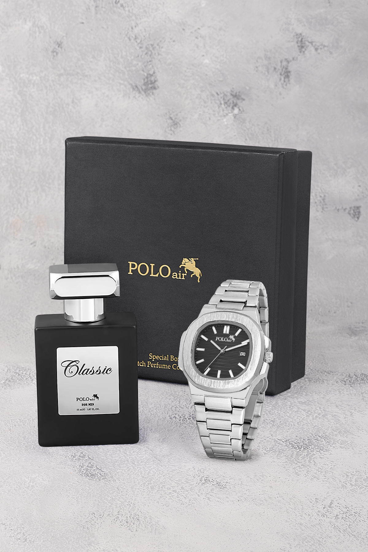 Takvimli Erkek Kol Saati Ve 55Ml Parfüm Hediyelik Kutusunda Set Gümüş Siyah Renk St-5009E4 Siyah St-5009E4