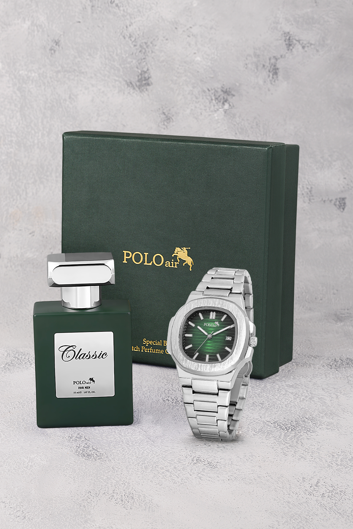 Takvimli Erkek Kol Saati Ve 55Ml Parfüm Hediyelik Kutusunda Set Gümüş Yeşil Renk St-5009E3 Yeşil St-5009E3