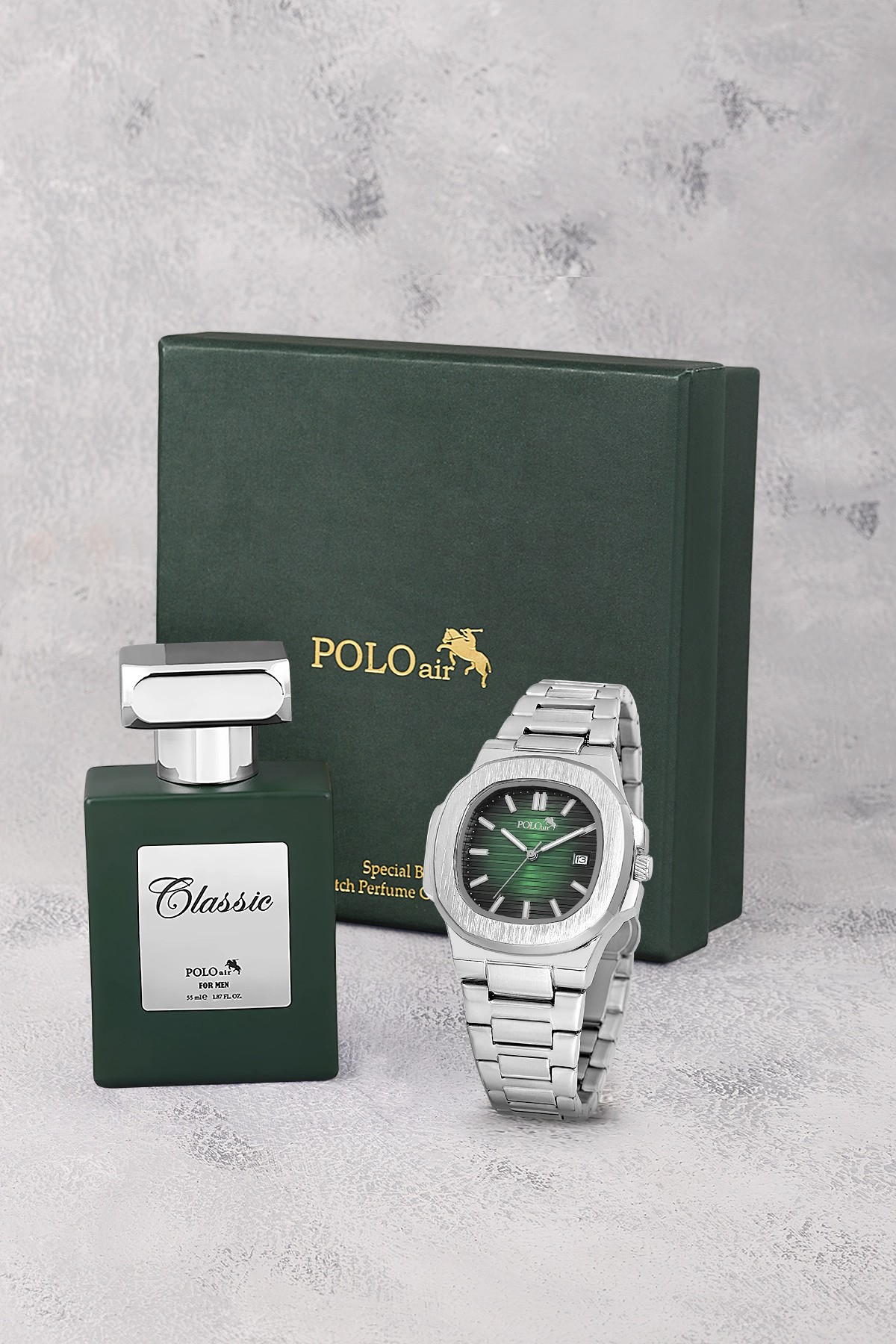Takvimli Erkek Kol Saati Ve 55Ml Parfüm Hediyelik Kutusunda Set Gümüş Yeşil Renk St-5009E3 Yeşil St-5009E3