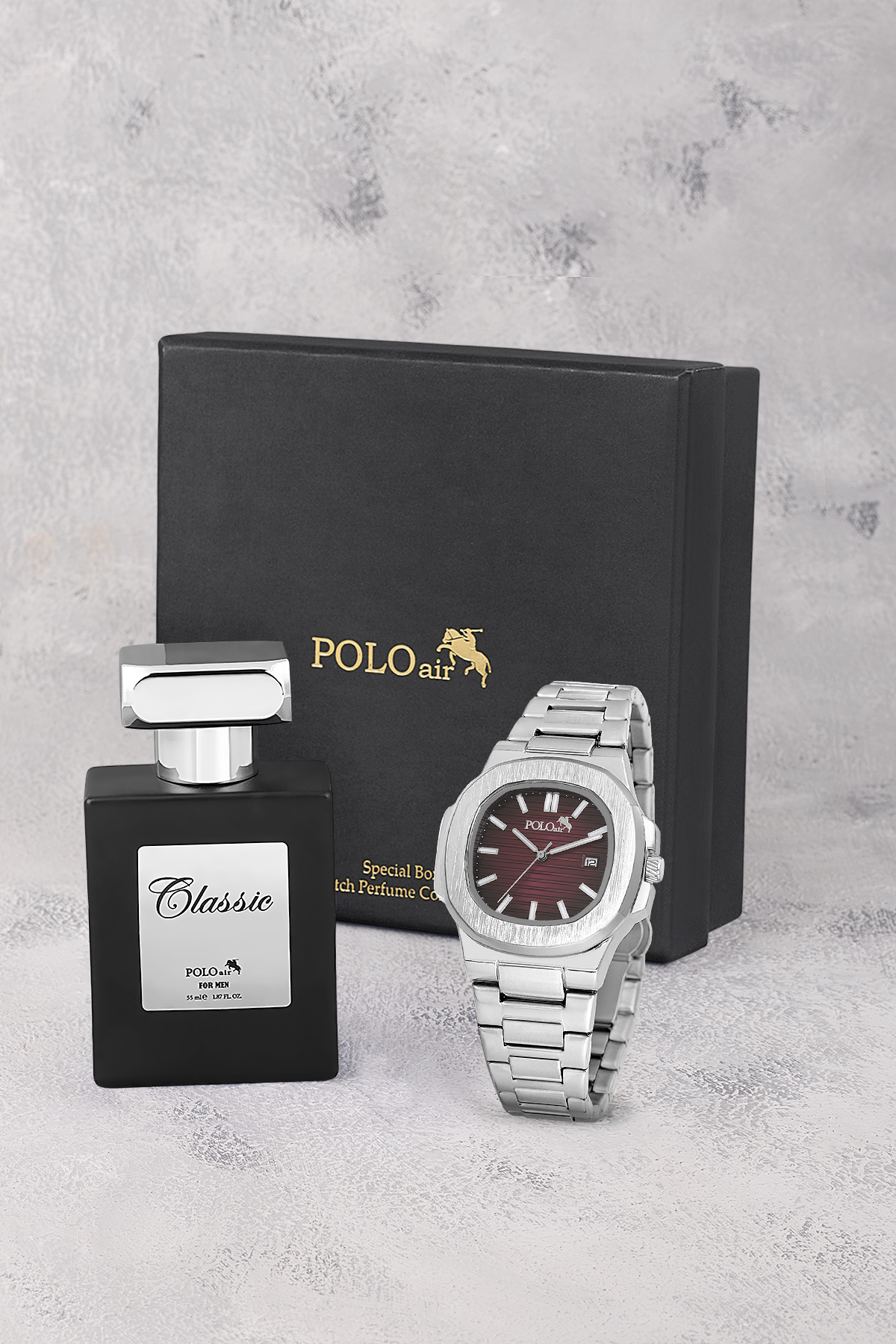 Takvimli Erkek Kol Saati Ve 55Ml Parfüm Hediyelik Kutusunda Siyah Set Gümüş Bordo Renk St-5009E8 Bordo St-5009E8