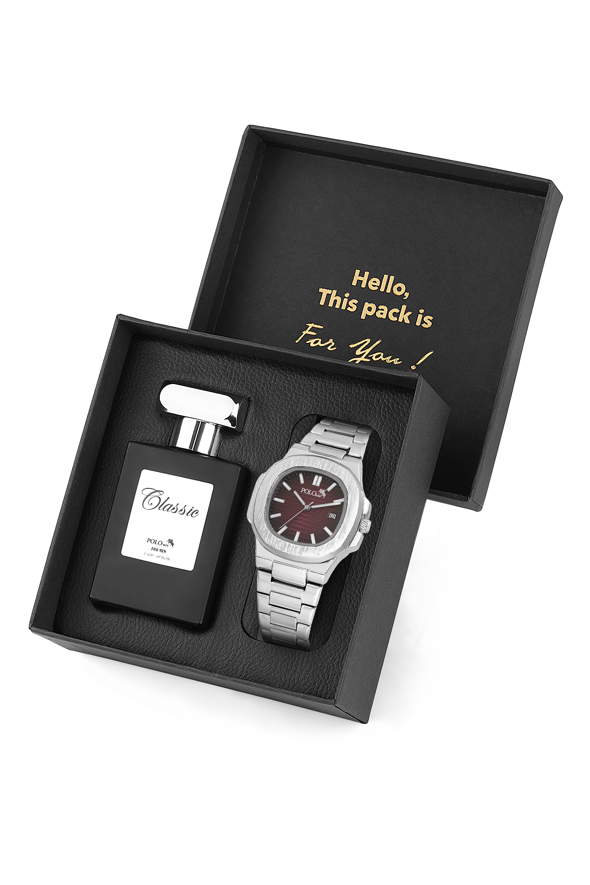 Takvimli Erkek Kol Saati Ve 55Ml Parfüm Hediyelik Kutusunda Siyah Set Gümüş Bordo Renk St-5009E8 Bordo St-5009E8