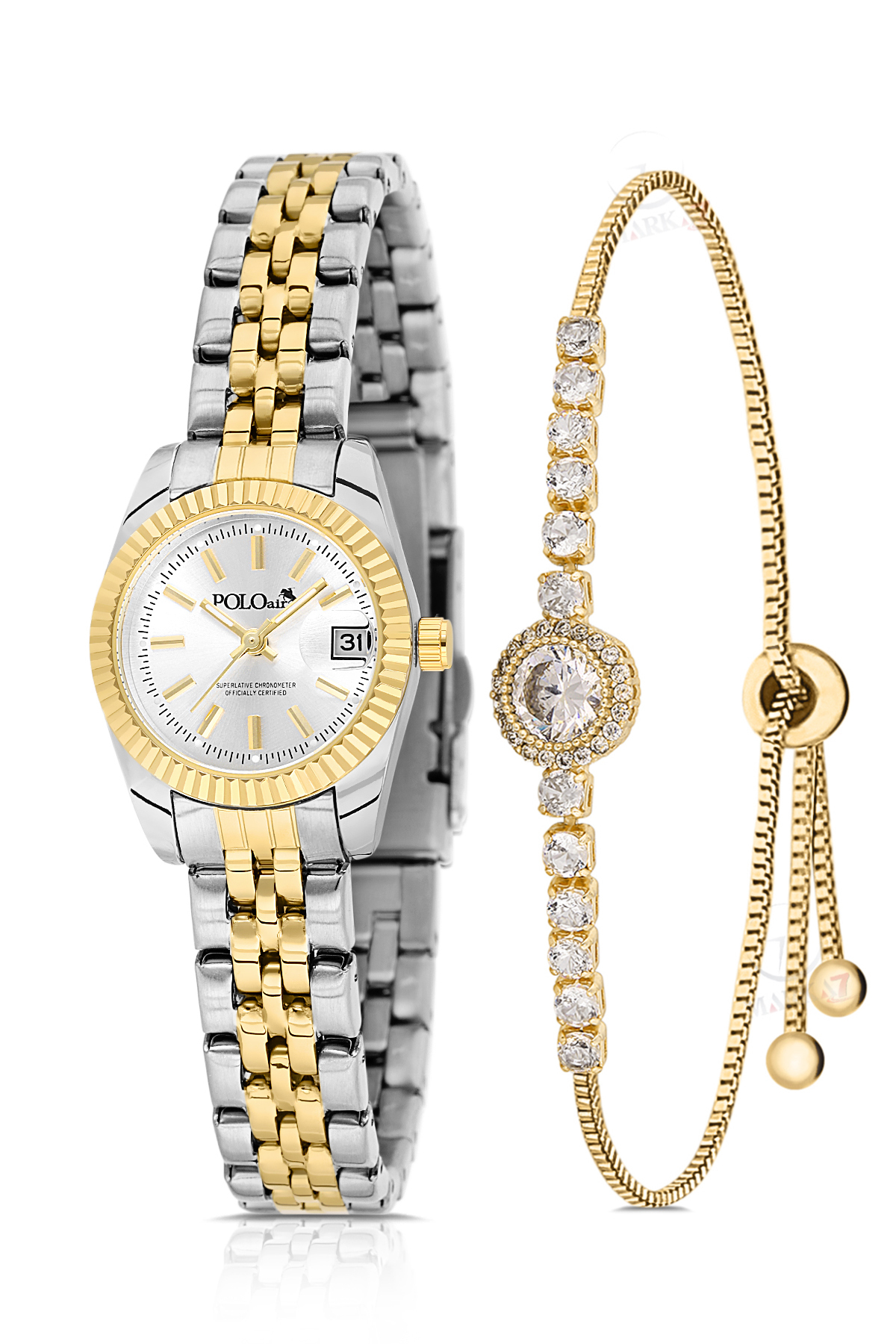 Takvimli Kadın Kol Saati Zirkon Taşlı Yuvarlak Bileklik Kombin Gold Gümüş Renk Pl-1594B3 Altın Pl-1594B3