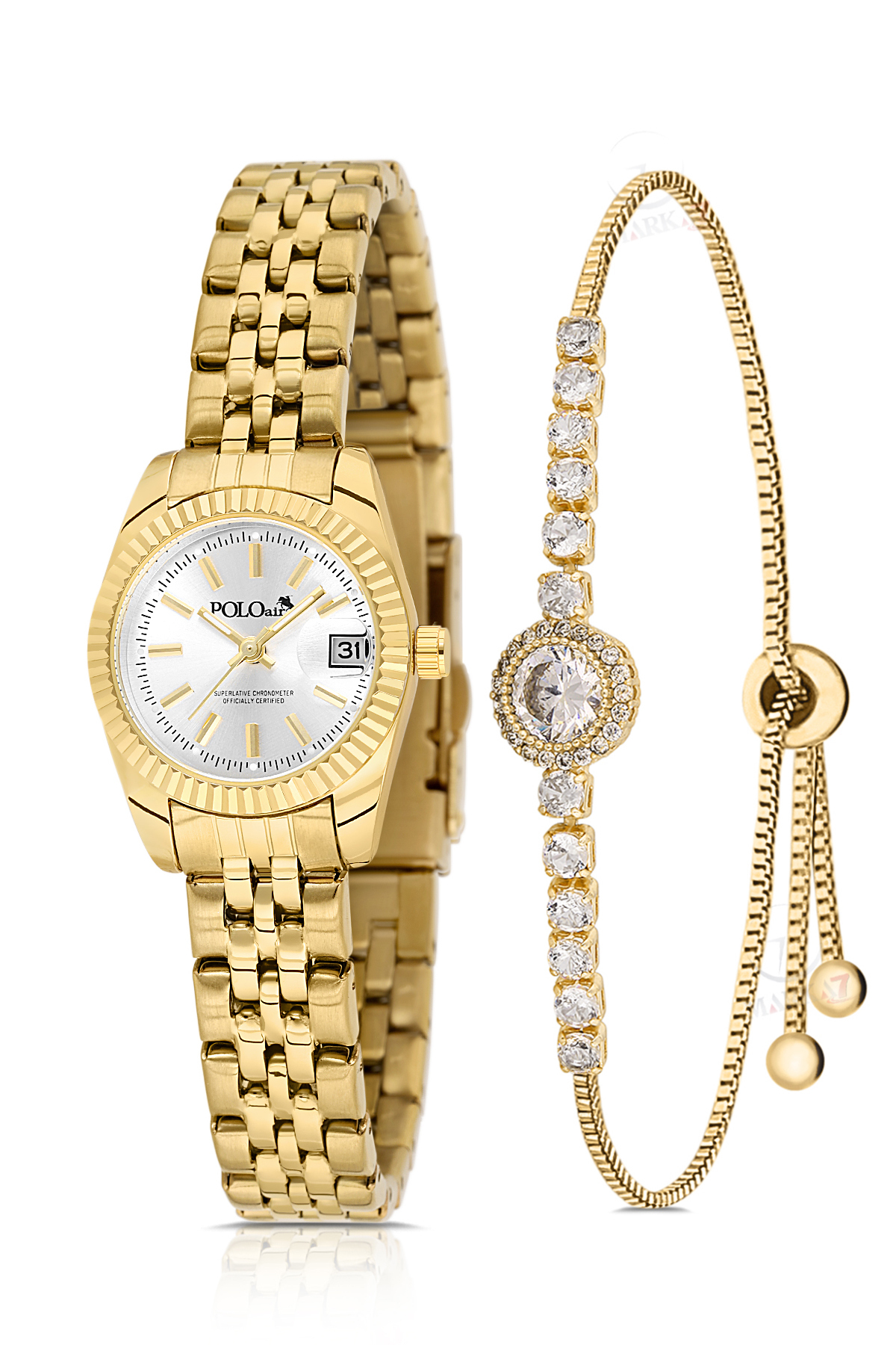 Takvimli Kadın Kol Saati Zirkon Taşlı Yuvarlak Bileklik Kombin Gold Renk Pl-1594B1 Gold Pl-1594B1