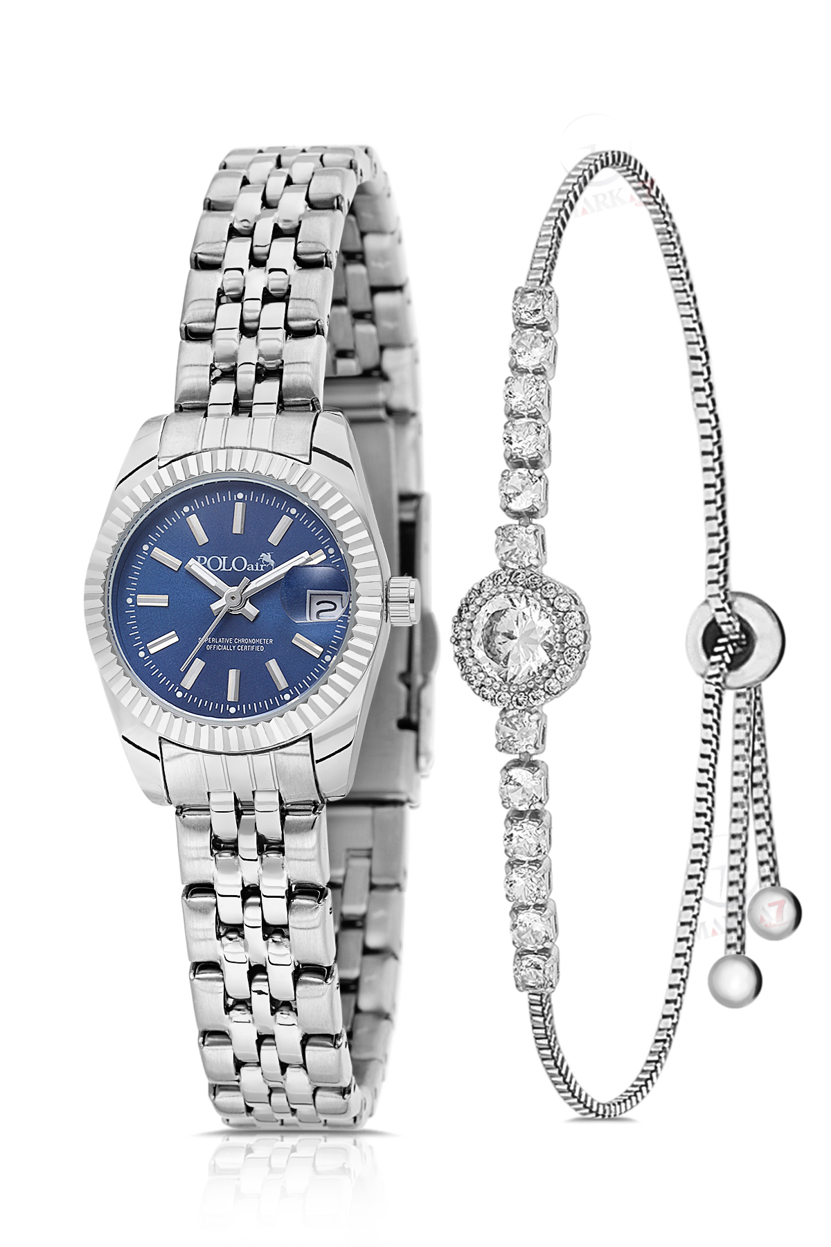 Takvimli Kadın Kol Saati Zirkon Taşlı Yuvarlak Bileklik Kombin Gümüş Lacivert Renk Pl-1594B4 Lacivert Pl-1594B4