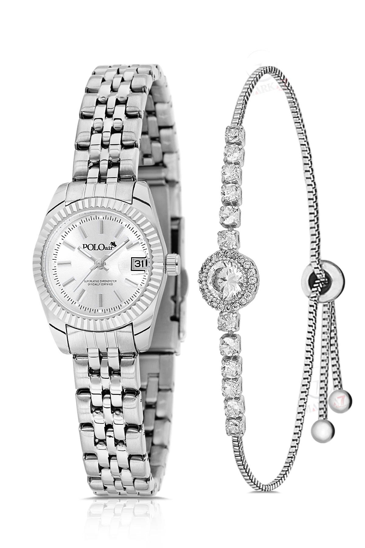 Takvimli Kadın Kol Saati Zirkon Taşlı Yuvarlak Bileklik Kombin Gümüş Renk Pl-1594B2 Gümüş Pl-1594B2