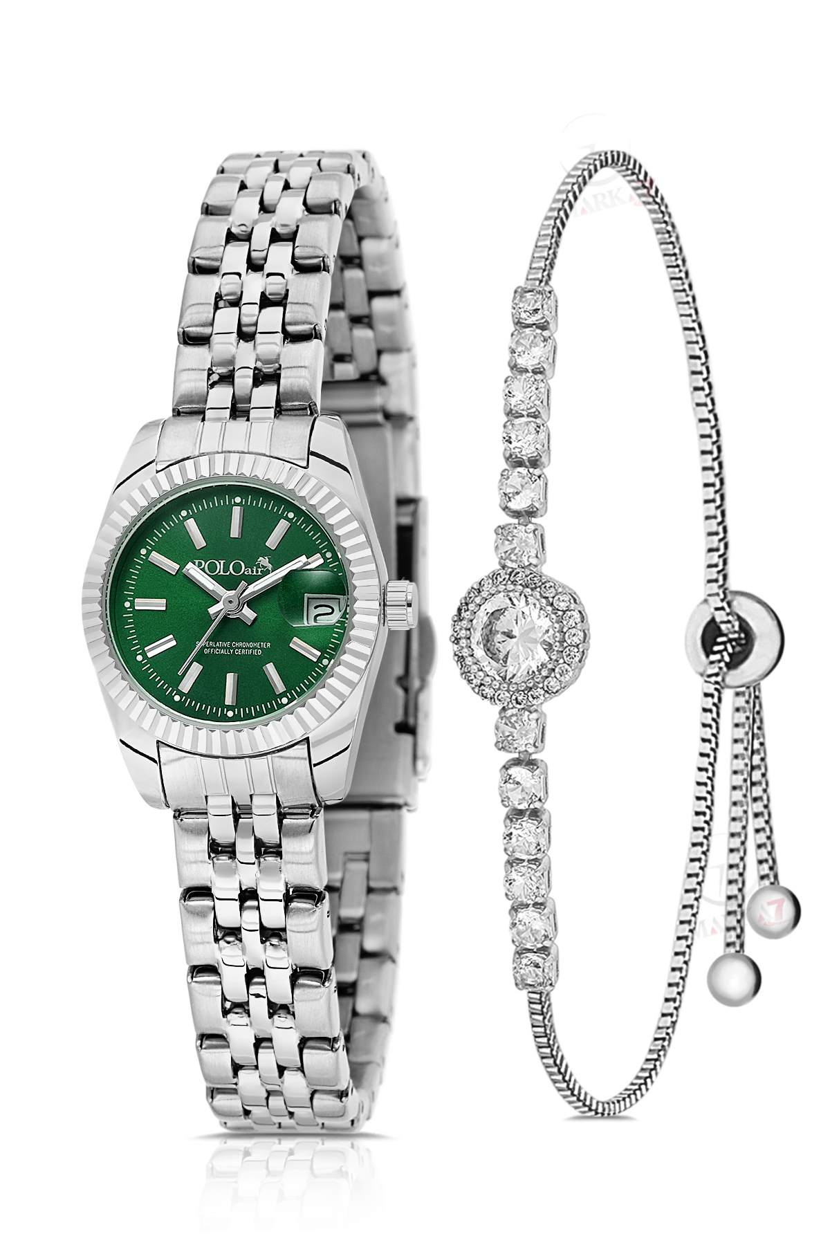 Takvimli Kadın Kol Saati Zirkon Taşlı Yuvarlak Bileklik Kombin Gümüş Yeşil Renk Pl-1594B6 Yeşil-Gümüş Pl-1594B6