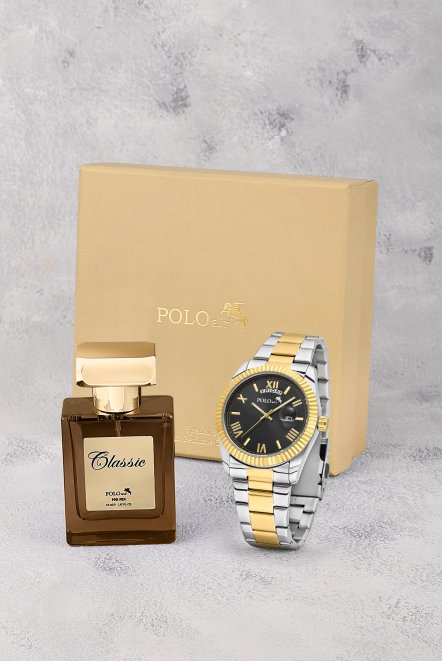 Ay Gün Gösterge Takvimli Erkek Kol Saati Ve 55 Ml Parfüm Seti Gold Gümüş Siyah Renk St-5014E6 Gold-Gümüş-Siyah St-5014E6