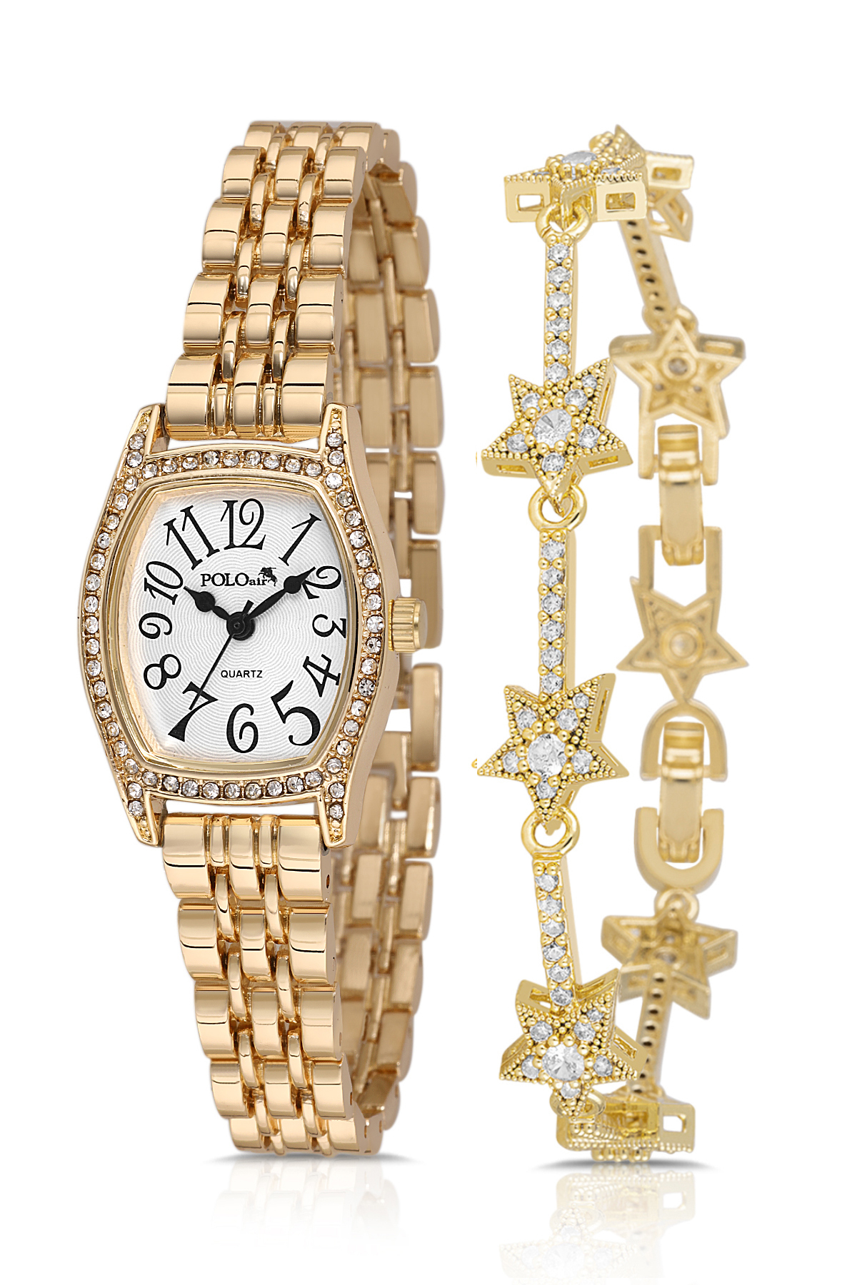 Vintage Rakamlı Kadın Kol Saati Yıldız Bileklik Kombin Gold Renk Pl-1595B1 Altın Pl-1595B1