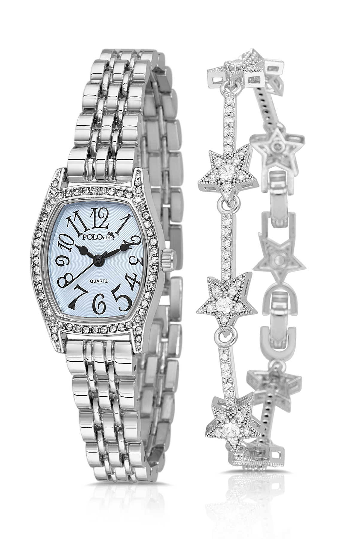 Vintage Rakamlı Kadın Kol Saati Yıldız Bileklik Kombin Gümüş Mavi Renk Pl-1595B4 Mavi Pl-1595B4