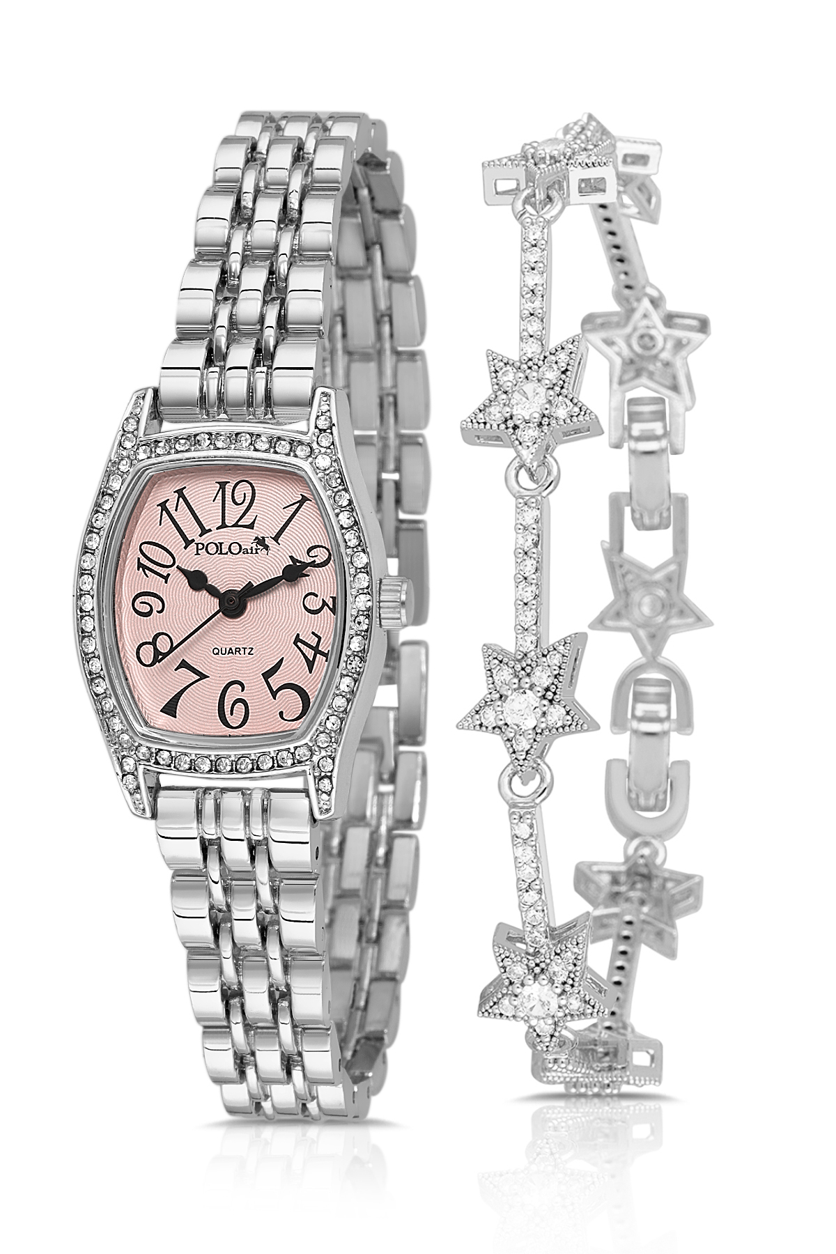 Vintage Rakamlı Kadın Kol Saati Yıldız Bileklik Kombin Gümüş Pembe Renk Pl-1595B3 Pembe Pl-1595B3